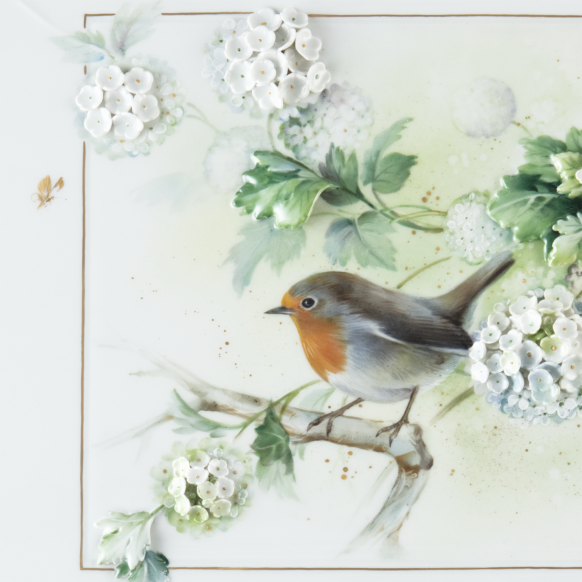 Wandbild Rotkehlchen mit Schneeballblüten, Lim. 25, 30 x 43 cm+S29899 | Meissen Limitierte Meisterwerke