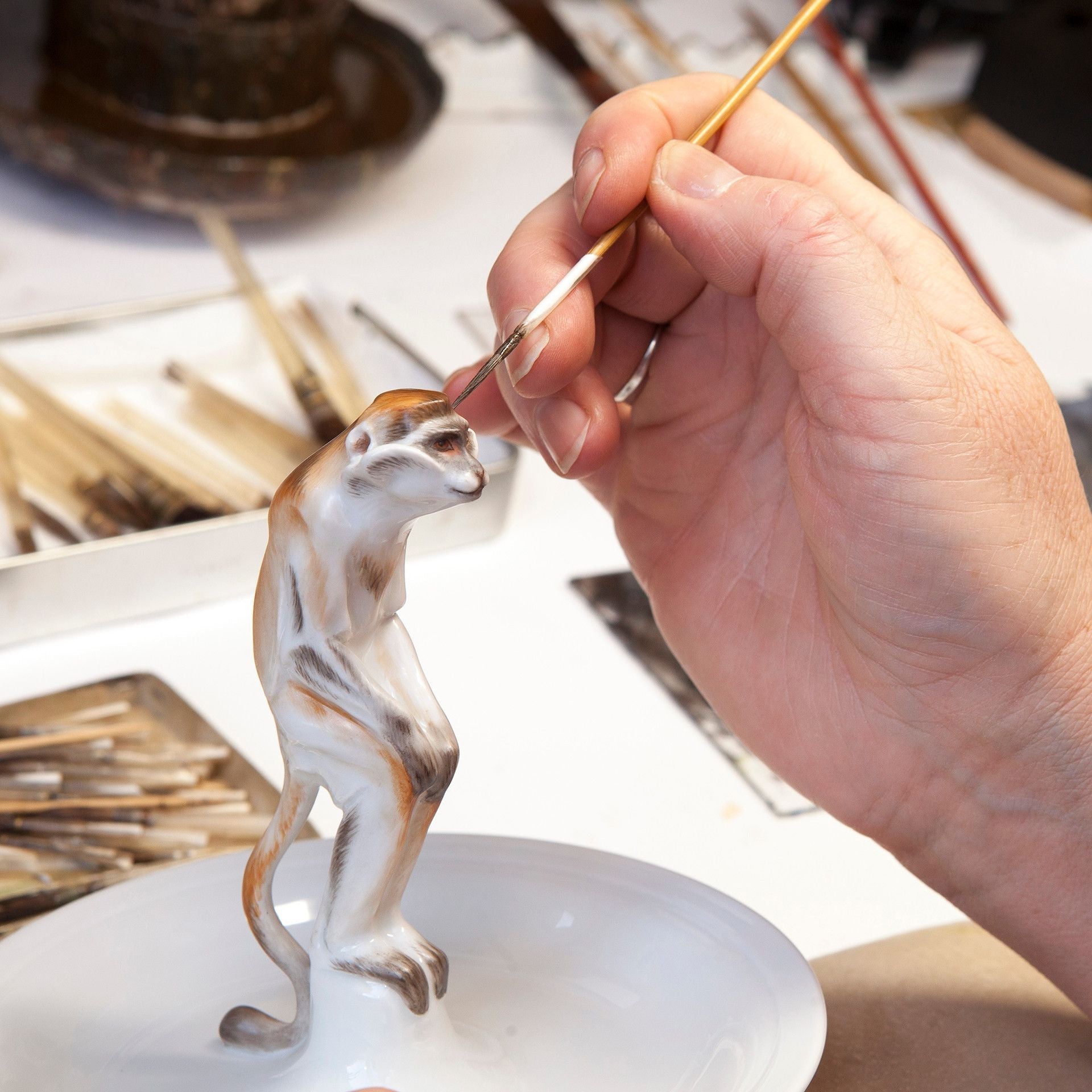 Affe Meerkatze auf Schale, H 13 cm | Meissen Porzellan 900174 - 78897 - Meissen Weimar