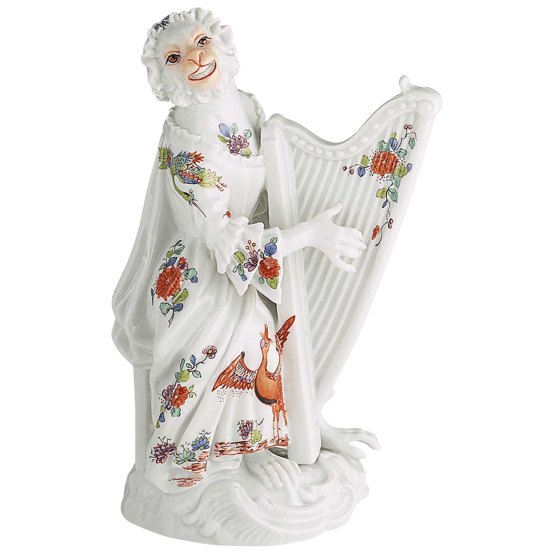 Affenkapelle Harfenistin, Alte indische Blumen - und Kranichmalerei, H 12 cm | Meissen Figuren - Edition Affenkapelle 91c121 - 60021 - Meissen Weimar