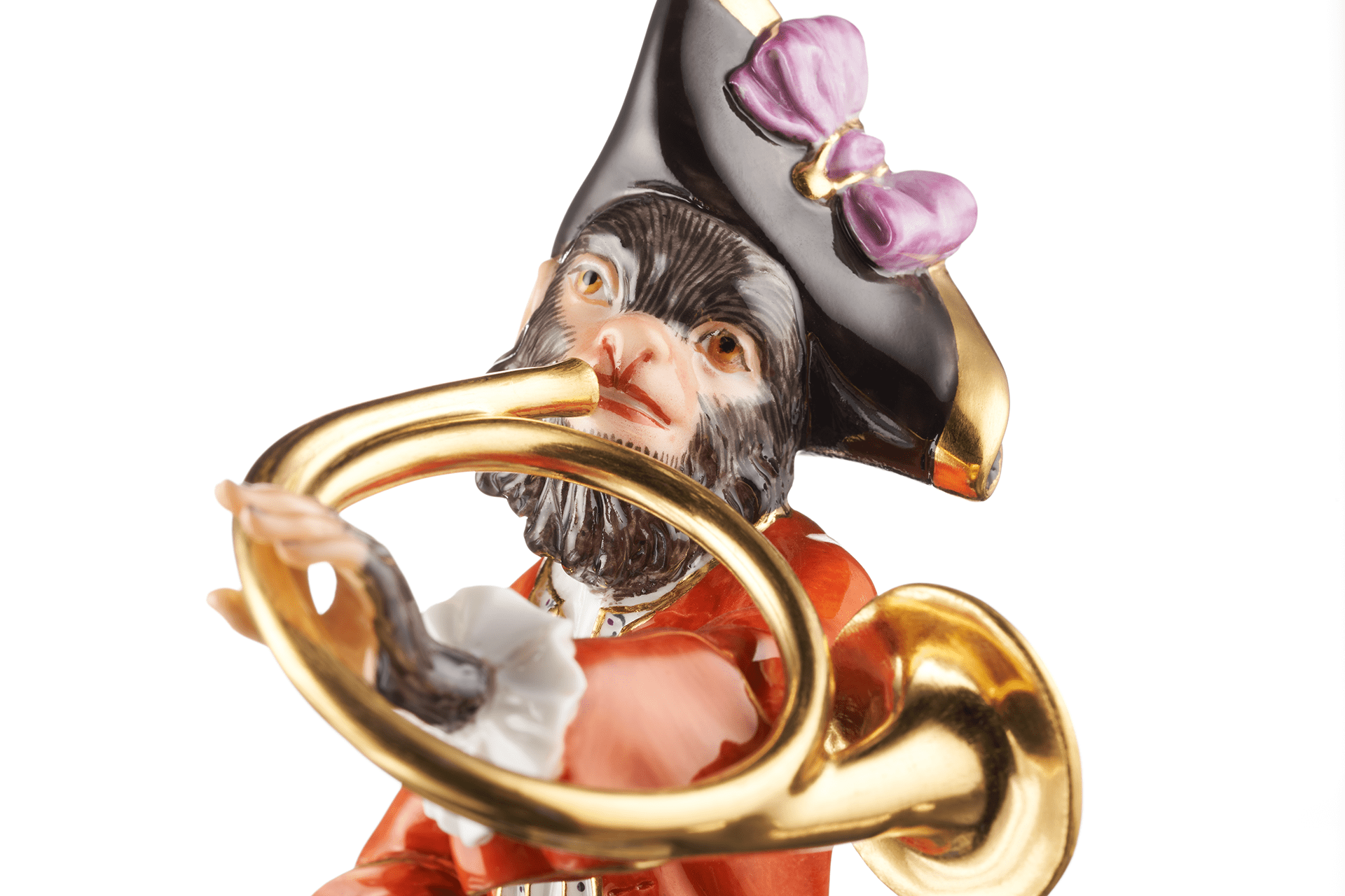 Affenkapelle Waldhornbläser Figur, handbemalt, H 15 cm | Meissen Figuren - Edition Affenkapelle 90c300 - 60009 - Meissen Weimar
