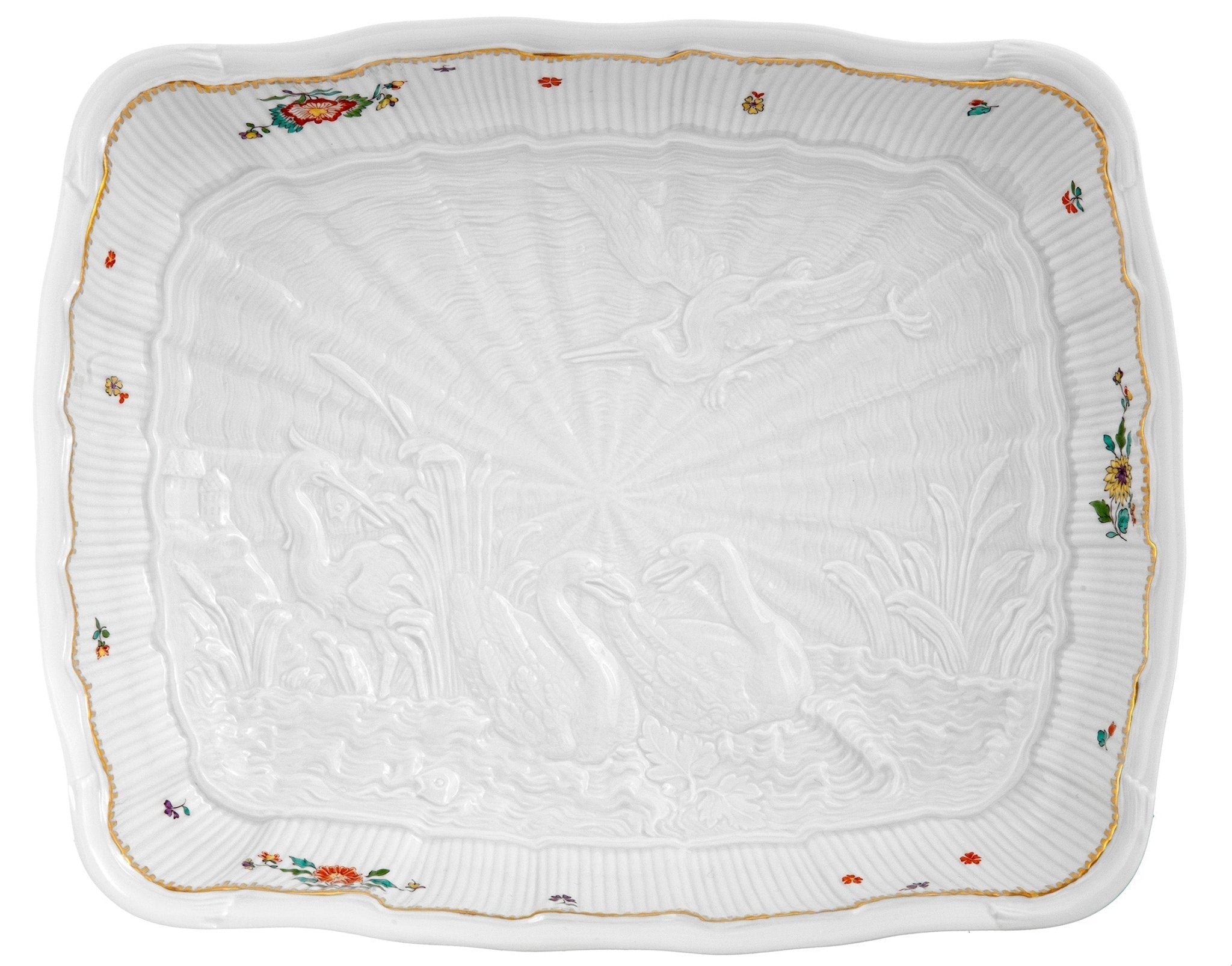 Beilagenschale, groß, Indische Blumenzweige, gestreute Blümchen, Goldkante, Goldrand, L 26,5 cm | Meissen Schwanendessin 397152 - 05275 - Meissen Weimar