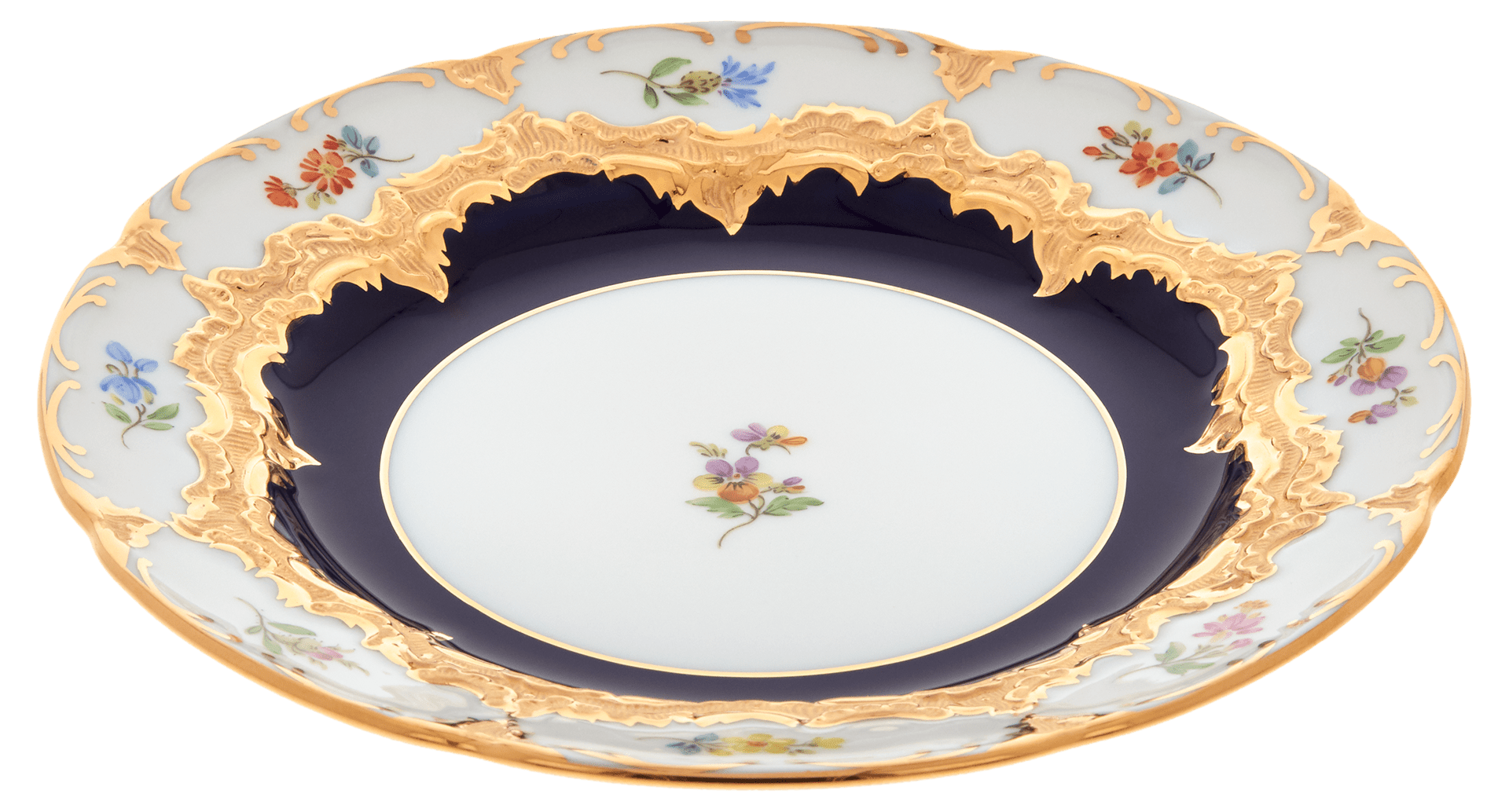 Brotteller, gestreute Blümchen, königsblau glasiert, Goldbronze, Ø 15,5 cm | Meissen B - Form 011079 - 15500 - Meissen Weimar