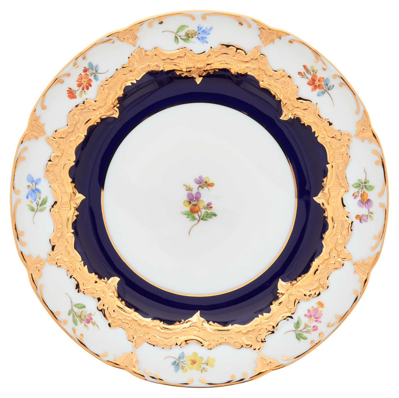 Brotteller, gestreute Blümchen, königsblau glasiert, Goldbronze, Ø 15,5 cm | Meissen B - Form 011079 - 15500 - Meissen Weimar