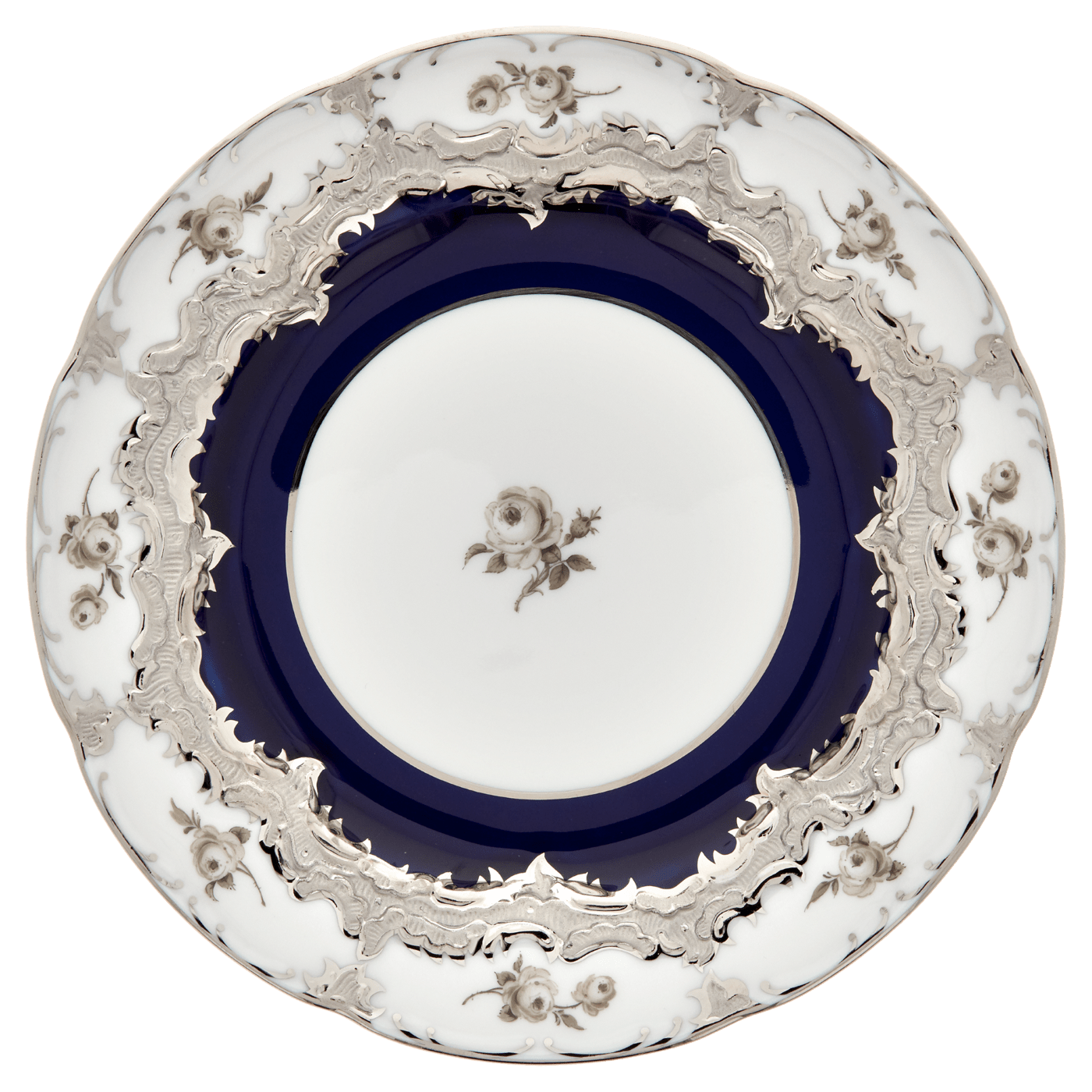 Brotteller, Gestreute Röschen, weiß - grau, königsblau, Glanzplatin, Ø 15,5 cm | Meissen B - Form 018677 - 15500 - Meissen Weimar