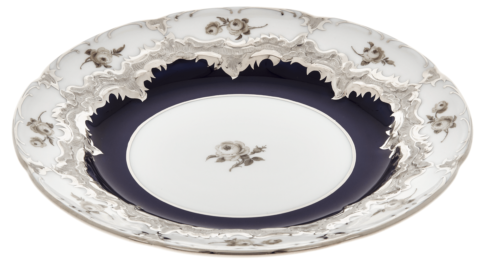 Brotteller, Gestreute Röschen, weiß - grau, königsblau, Glanzplatin, Ø 15,5 cm | Meissen B - Form 018677 - 15500 - Meissen Weimar