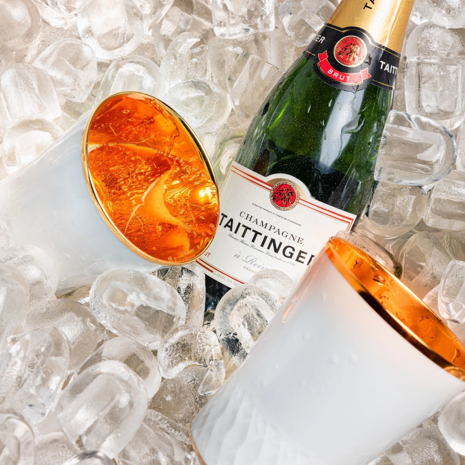 Champagner - Set, 3 - tlg., Taittinger Champagner 0,375 l, 12,5% vol., Champagnerbecher, Glanzgold | Meissen Gourmet - Set 99A582 - 55M89 - Meissen Weimar