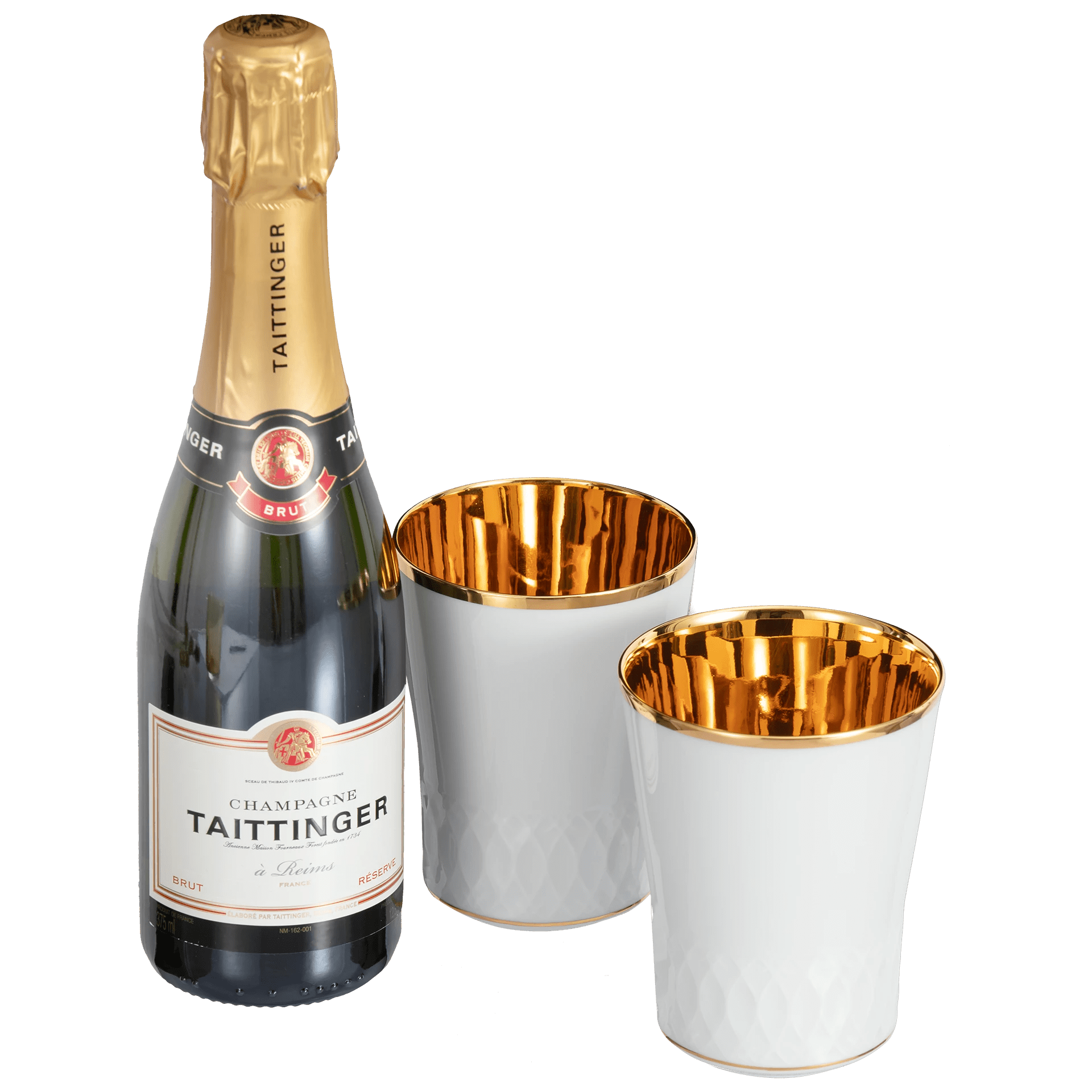 Champagner - Set, 3 - tlg., Taittinger Champagner 0,375 l, 12,5% vol., Champagnerbecher, Glanzgold | Meissen Gourmet - Set 99A582 - 55M89 - Meissen Weimar