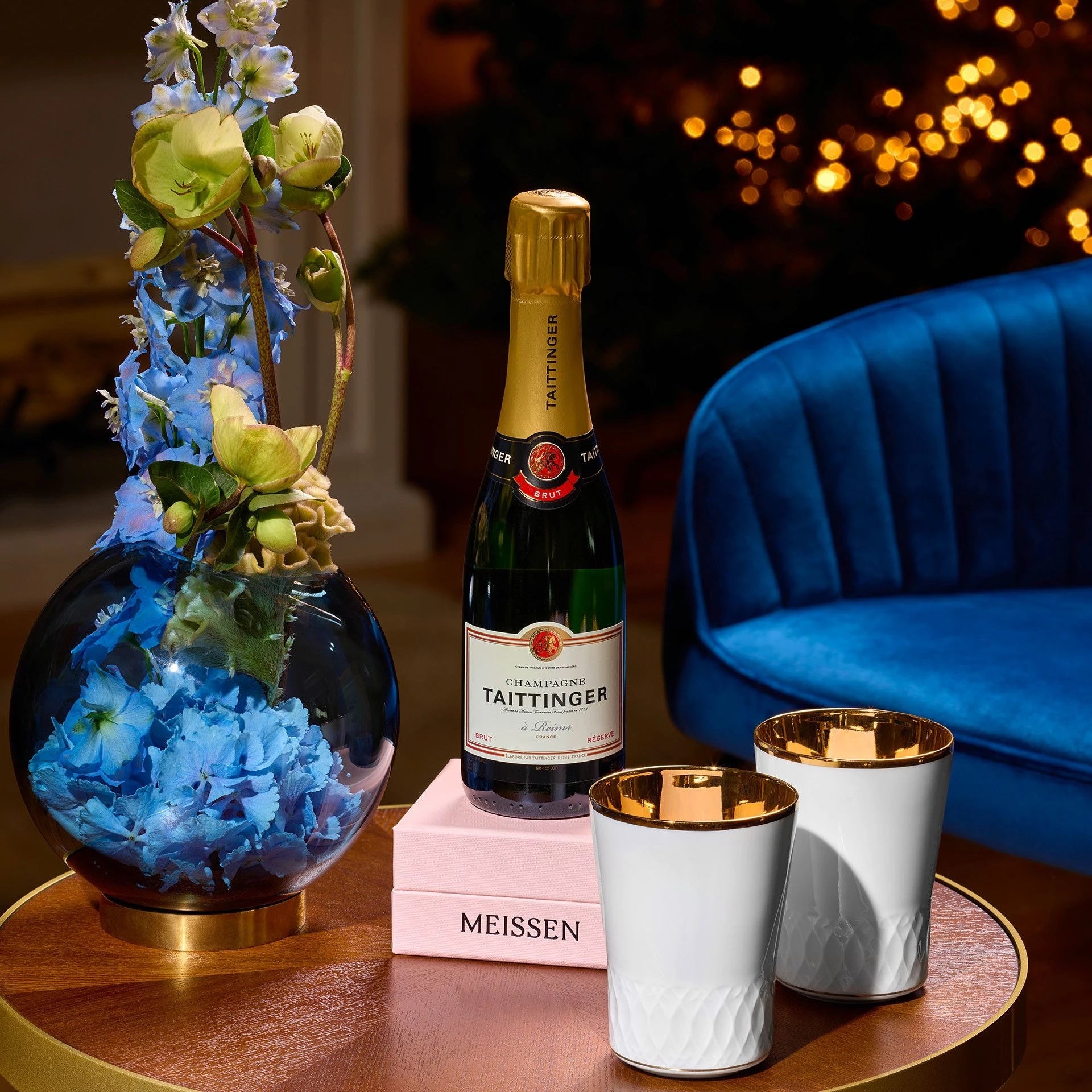 Champagner - Set, 3 - tlg., Taittinger Champagner 0,375 l, 12,5% vol., Champagnerbecher, Glanzgold | Meissen Gourmet - Set 99A582 - 55M89 - Meissen Weimar