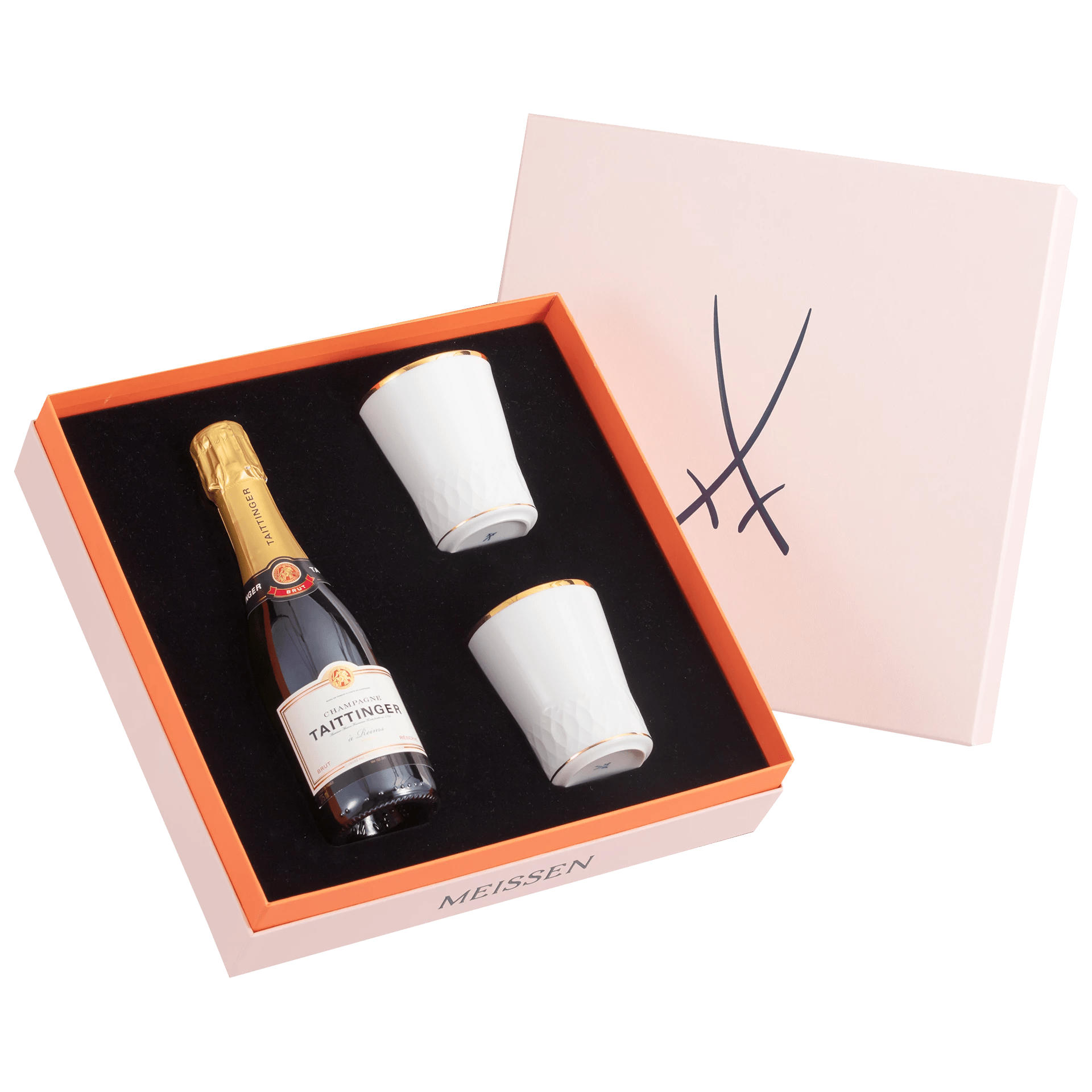 Champagner - Set, 3 - tlg., Taittinger Champagner 0,375 l, 12,5% vol., Champagnerbecher, Glanzgold | Meissen Gourmet - Set 99A582 - 55M89 - Meissen Weimar