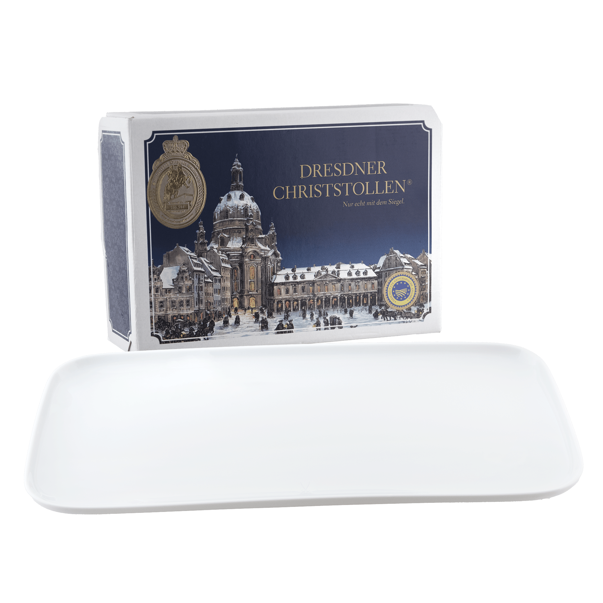 Christstollen - Set, Dresdner Christstollen® 500g, 1 Teller rechteckig, Form "Nova", Weiß | Meissen - Set Kollektion Genußwelten 000001 - 46M10 - Meissen Weimar
