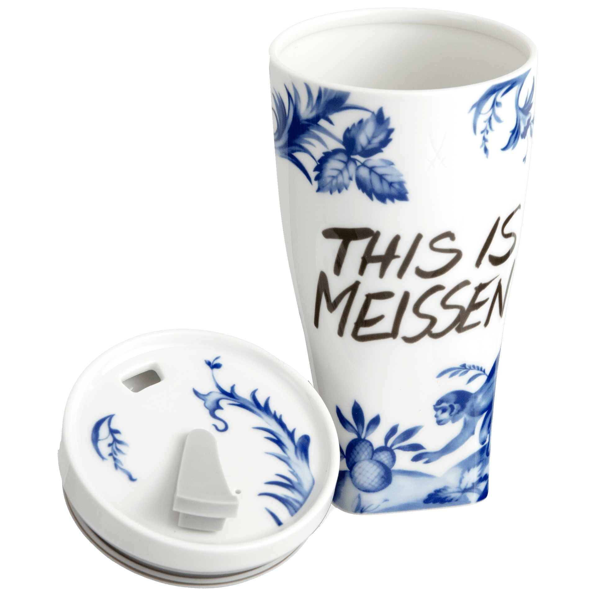 Coffee to go Becher Affe & Faultier Kobaltblau Ø 9 cm, 0,35 l mit Manschette | Meissen Coffee to go Collection - Nova vs-79a933-46m01 - Meissen Weimar