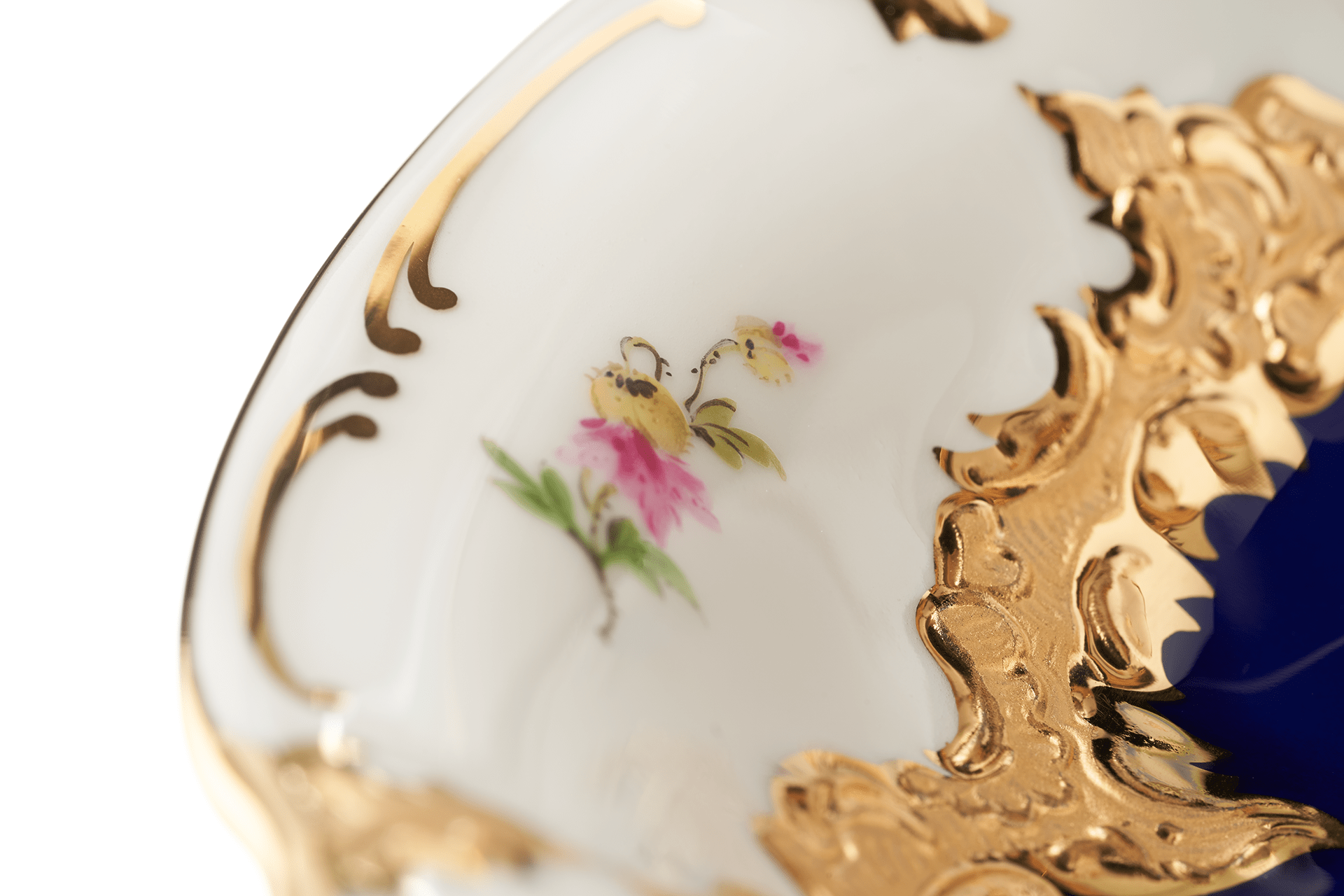 Dessertschale, gestreute Blümchen, königsblau glasiert, Goldbronze, L cm | Meissen B - Form 011079 - 15411 - Meissen Weimar
