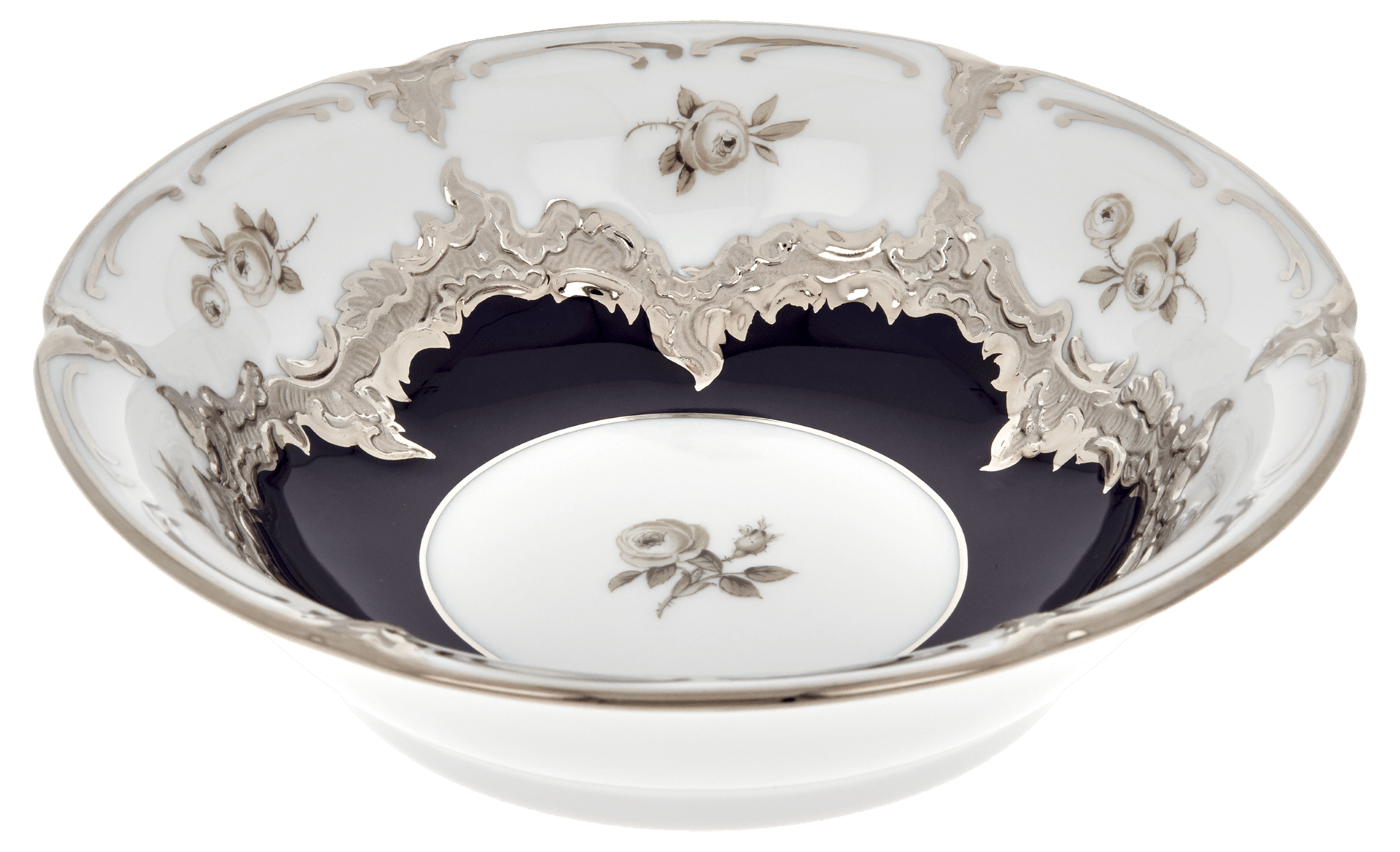 Dessertschale, Gestreute Röschen, weiß - grau, königsblau, Glanzplatin, L cm | Meissen B - Form 018677 - 15411 - Meissen Weimar