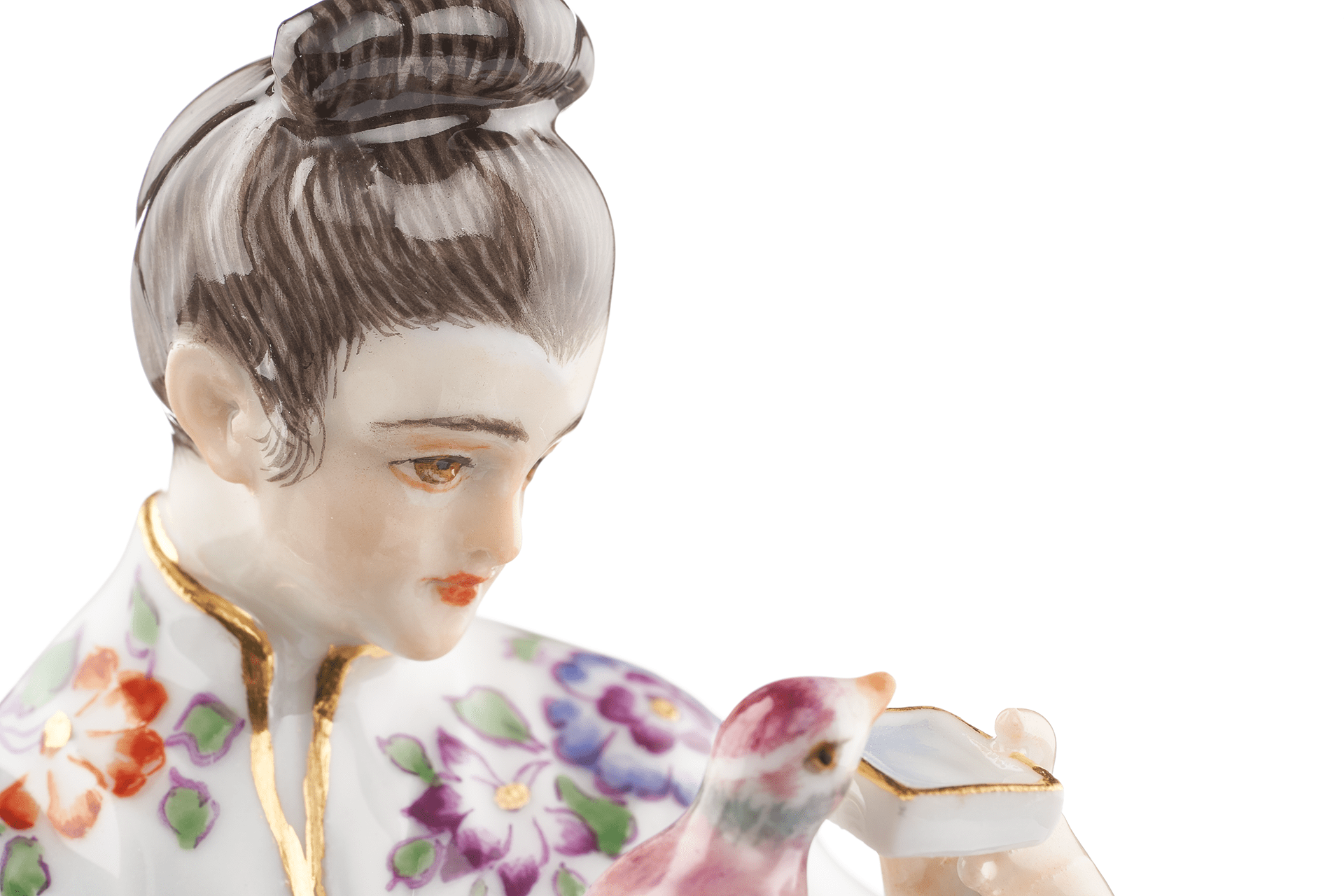 Einzelfigur Asiatin mit Vogel, bunt und gold staffiert, H 13 cm | Meissen Einzelplastik 900300 - 65651 - Meissen Weimar