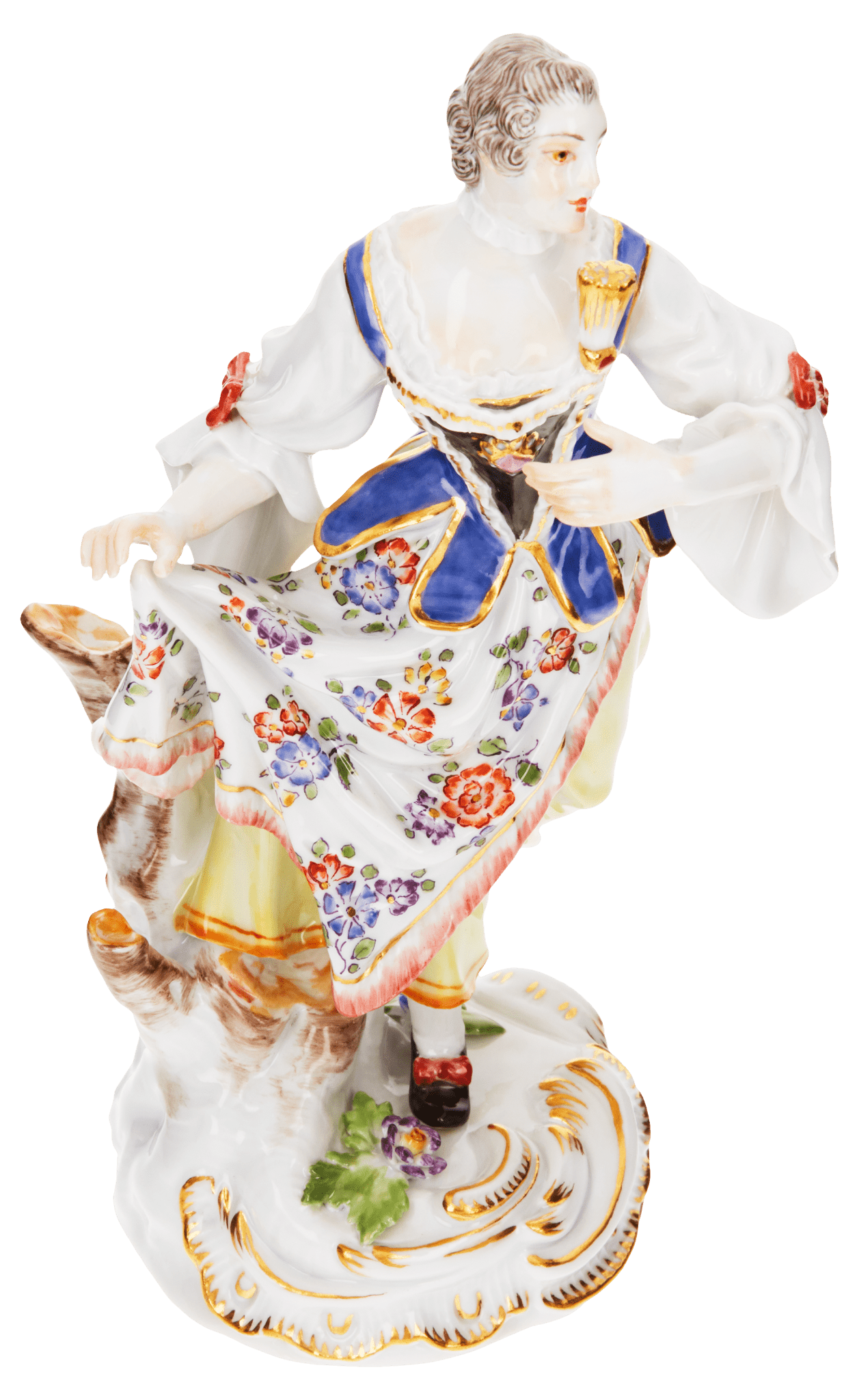 Figur Schäferin tanzend, bunt und gold staffiert, H 17 cm | Meissen Figuren Individuell 900300-61118 - Meissen Weimar