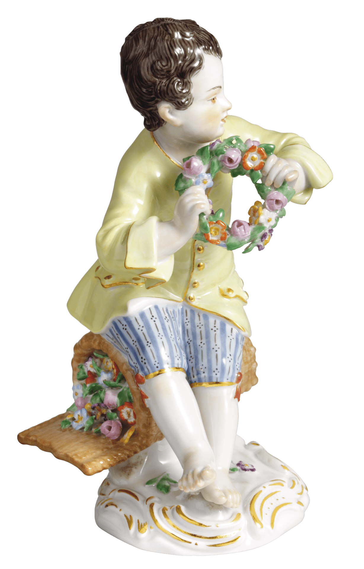 Gärtnerkind Junge mit Blumenkranz, Bunt und gold staffiert - , H 13 cm | Meissen Porzellan 900300 - 60328 - Meissen Weimar