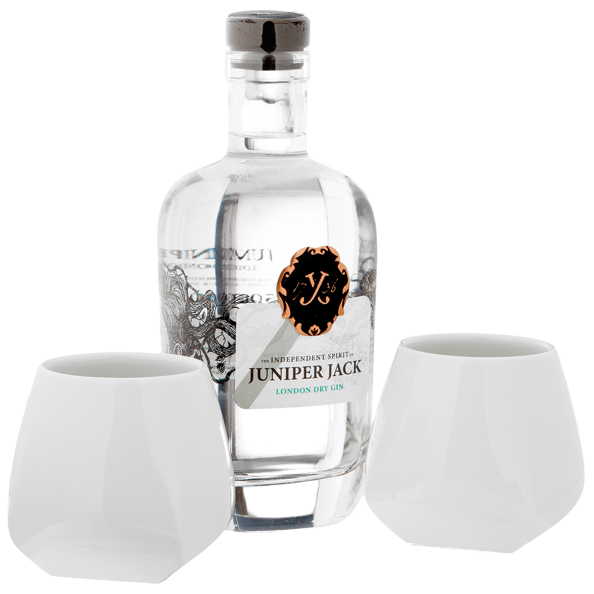 Gin - Set, 3 - tlg., Juniper Jack London Dry Gin 0,5 l, 46,5 % vol., 2 Becher Antarctica | Meissen Gourmet - Set 000001 - 55M73 - Meissen Weimar