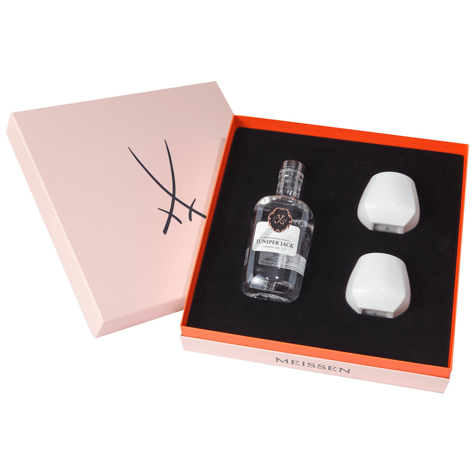 Gin - Set, 3 - tlg., Juniper Jack London Dry Gin 0,5 l, 46,5 % vol., 2 Becher Antarctica | Meissen Gourmet - Set 000001 - 55M73 - Meissen Weimar