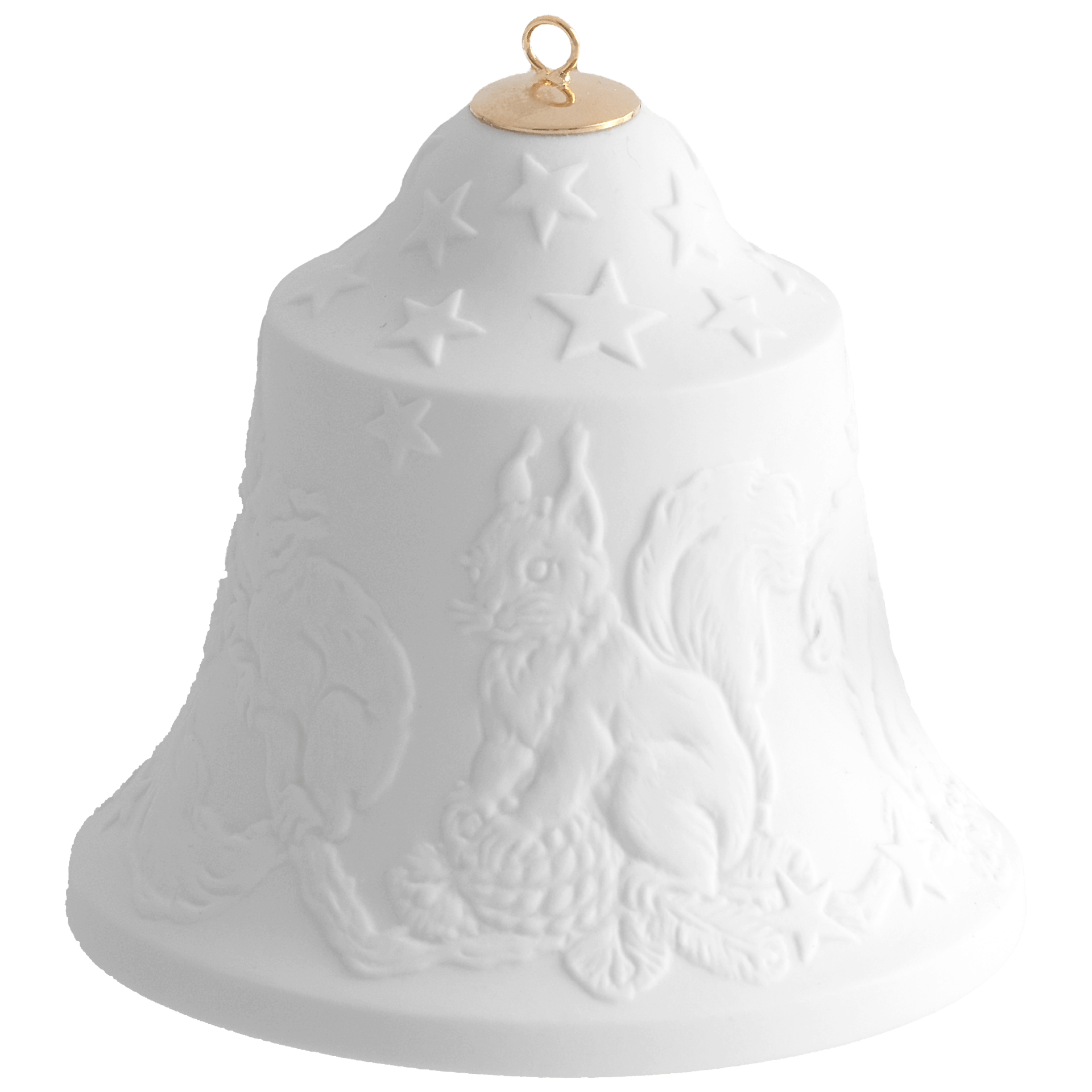 Glocke mit Relief, Eichhörnchen, Weiß, Biskuit, H 8 cm | Meissen Zweigschmuck Glocken Kollektion 001001 - 55M86 - Meissen Weimar
