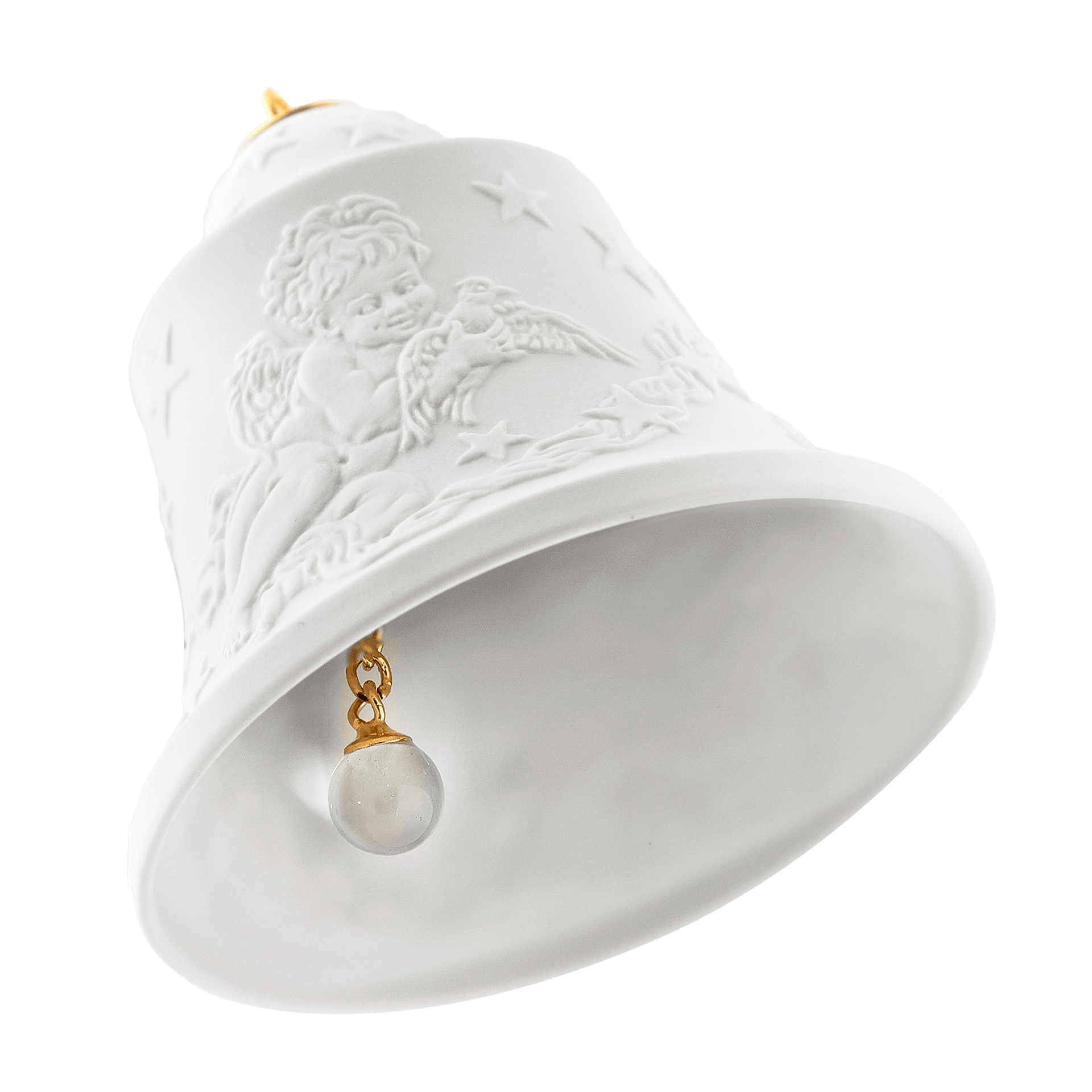 Glocke mit Relief, Engel, Weiß, Biskuit, H 8 cm | Meissen Zweigschmuck Glocken Kollektion 001001-55N03 - Meissen Weimar