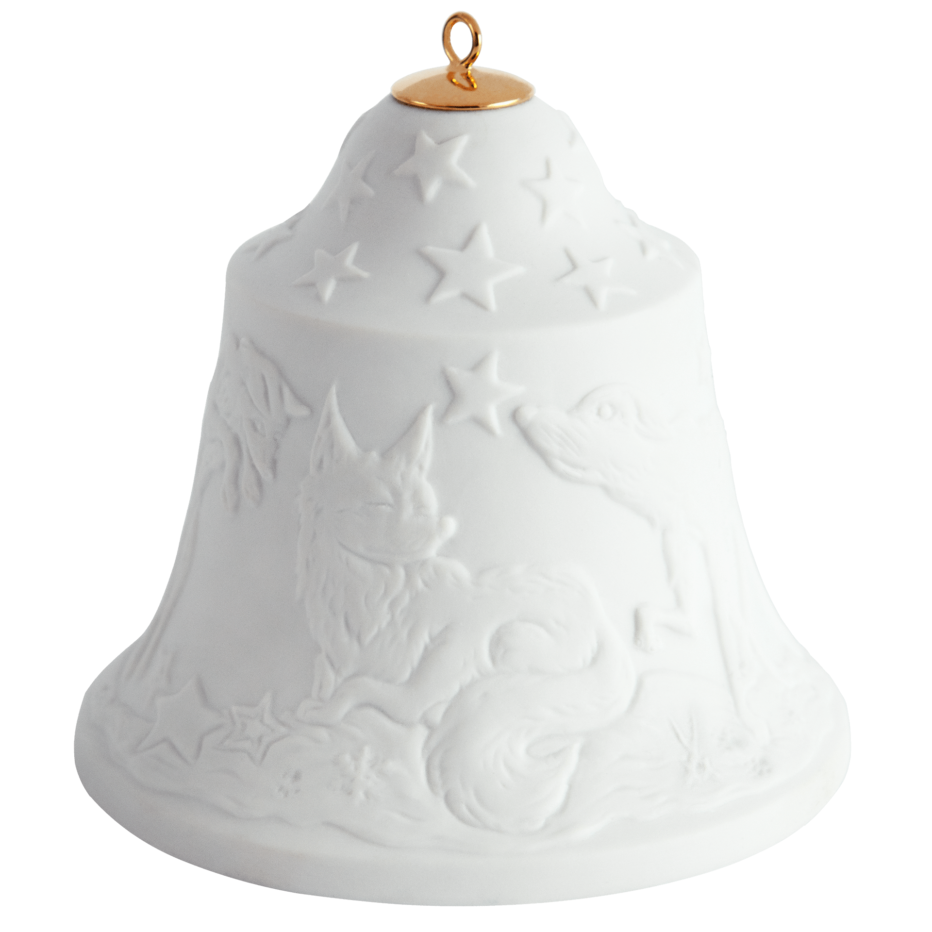 Glocke mit Relief, Füchse, Weiß, Biskuit, H 8 cm | Meissen Zweigschmuck Glocken Kollektion 001001 - 55N00 - Meissen Weimar
