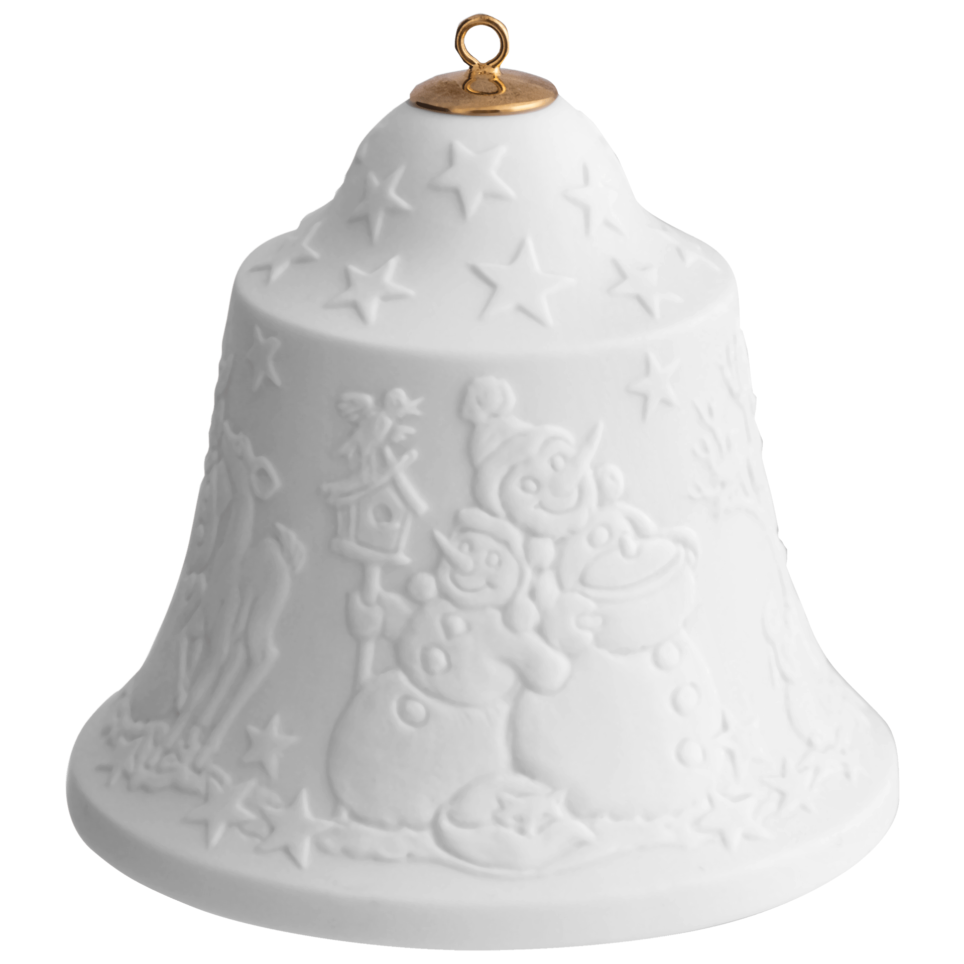 Glocke mit Relief, Schneemann, Weiß, Biskuit, H 8 cm | Meissen Zweigschmuck Glocken Kollektion 001001 - 55M92 - Meissen Weimar