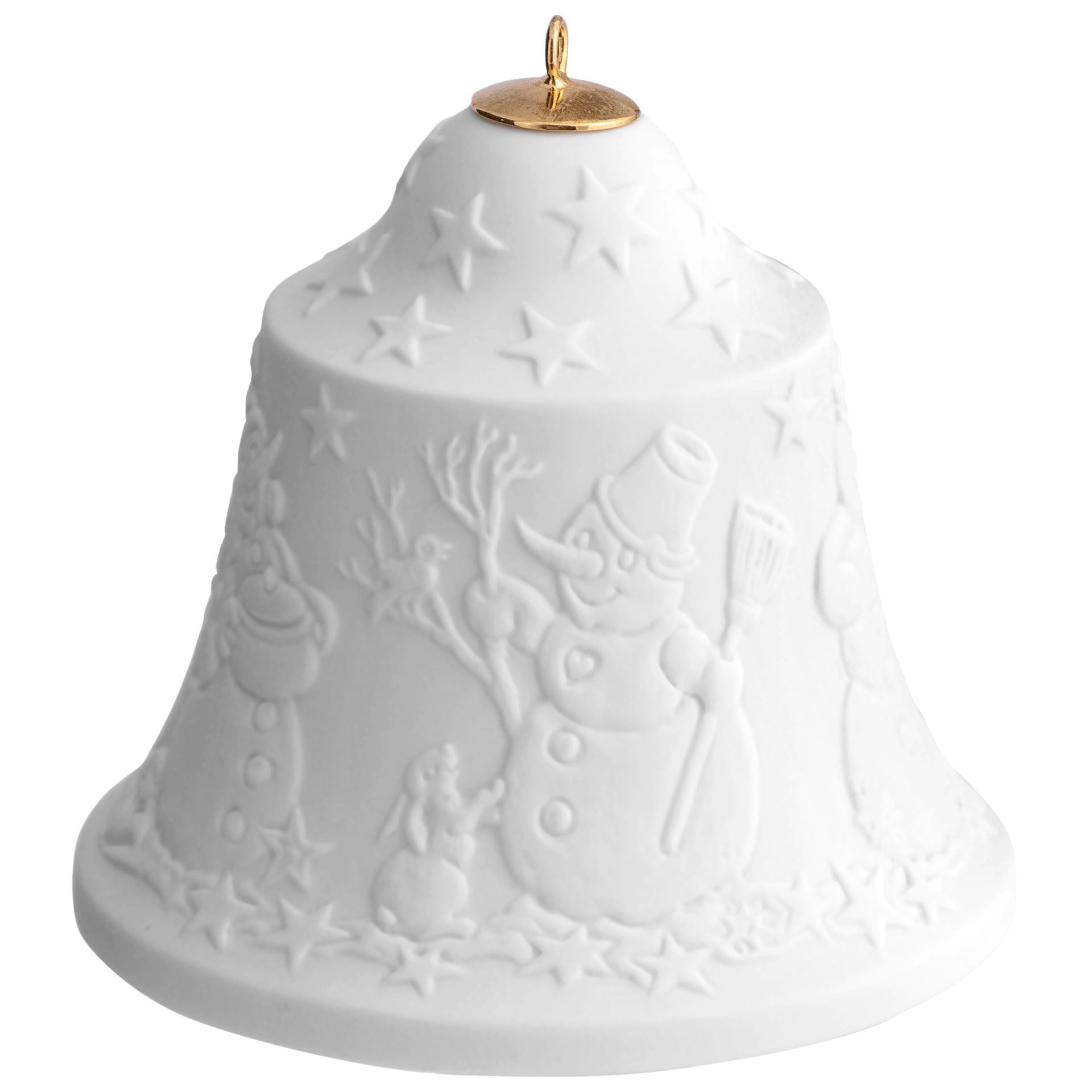 Glocke mit Relief, Schneemann, Weiß, Biskuit, H 8 cm | Meissen Zweigschmuck Glocken Kollektion 001001 - 55M92 - Meissen Weimar
