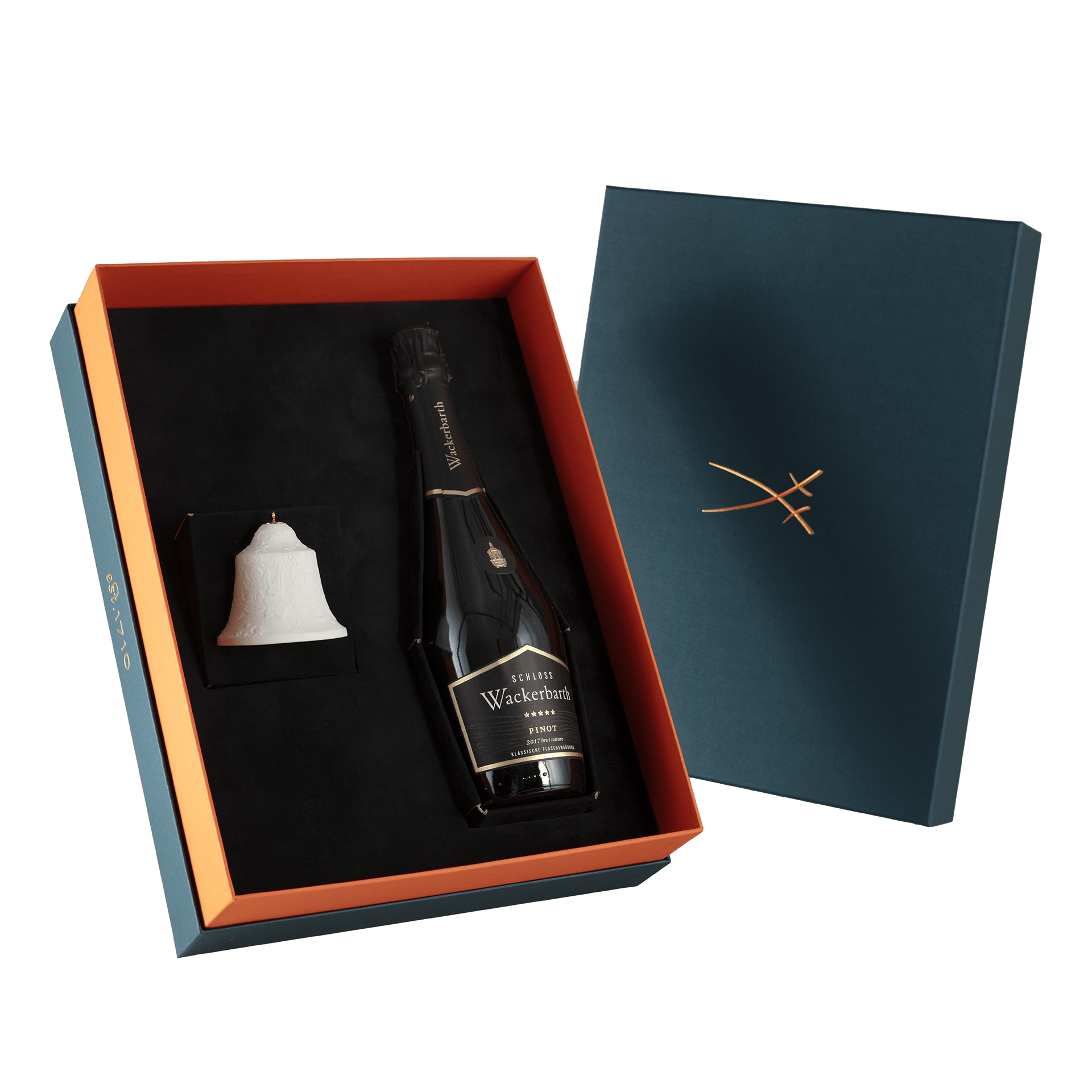 Glocken - Set, Wackerbarth "Pino brut natur", V 0,75L, Glocke Lebkuchenkranz weiß, Bisquit | Meissen - Set Kollektion Genußwelten 001001 - 55M97 - Meissen Weimar