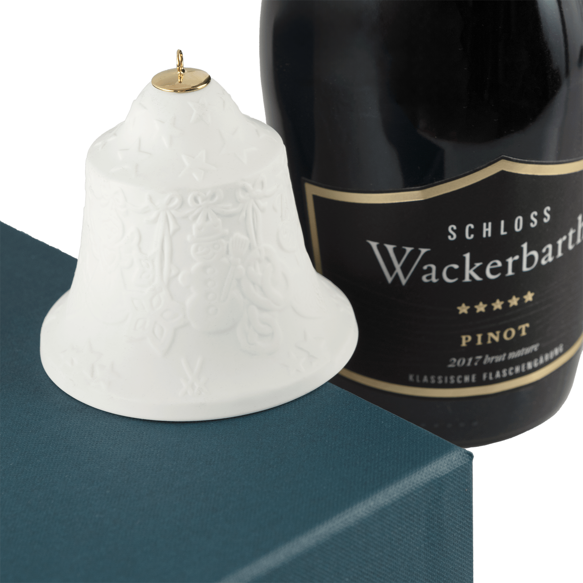 Glocken - Set, Wackerbarth "Pino brut natur", V 0,75L, Glocke Lebkuchenkranz weiß, Bisquit | Meissen - Set Kollektion Genußwelten 001001 - 55M97 - Meissen Weimar