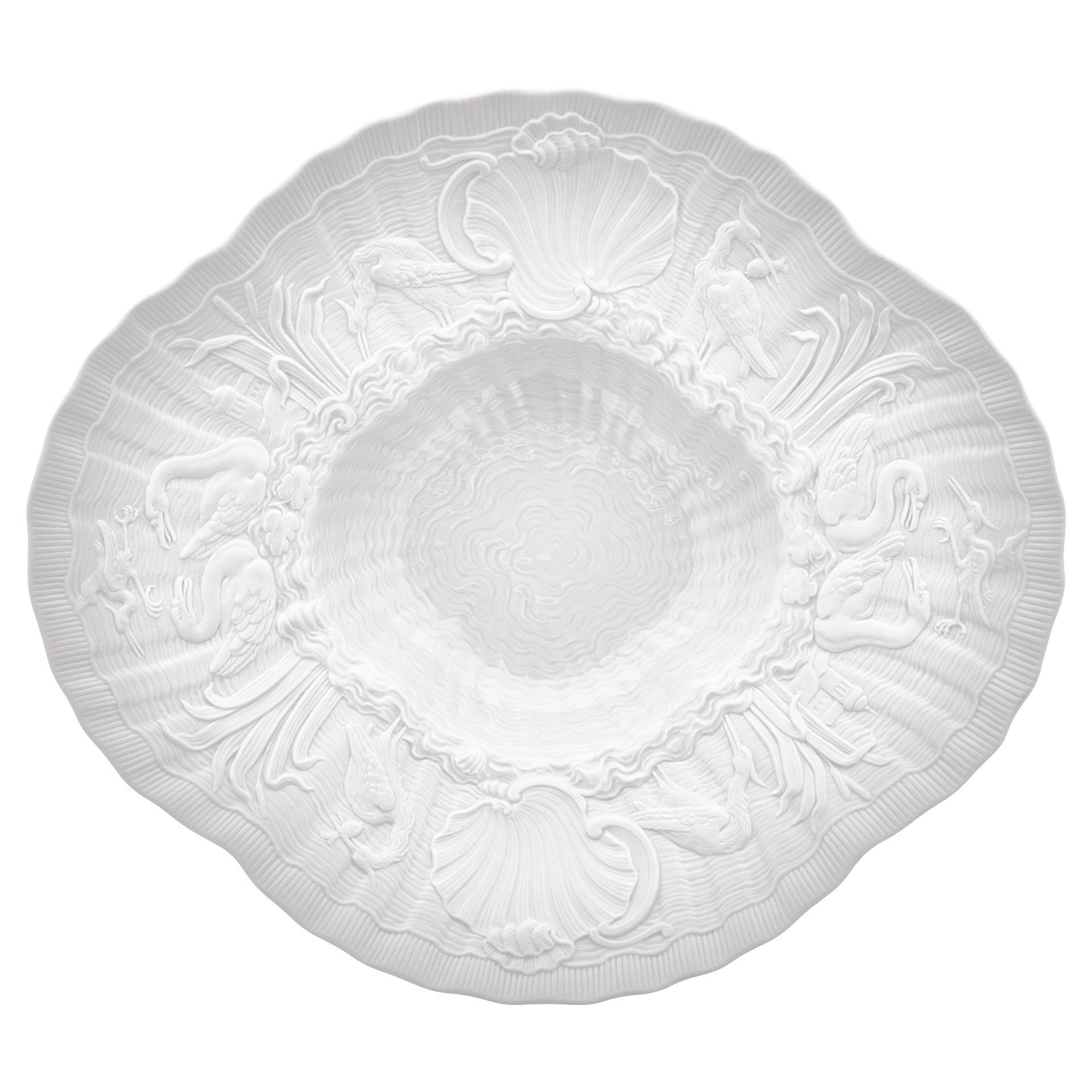 Gourmetteller, tief, Biskuit Weiß, L 29,5 cm | Meissen Schwanendessin 860101 - 05490 - Meissen Weimar