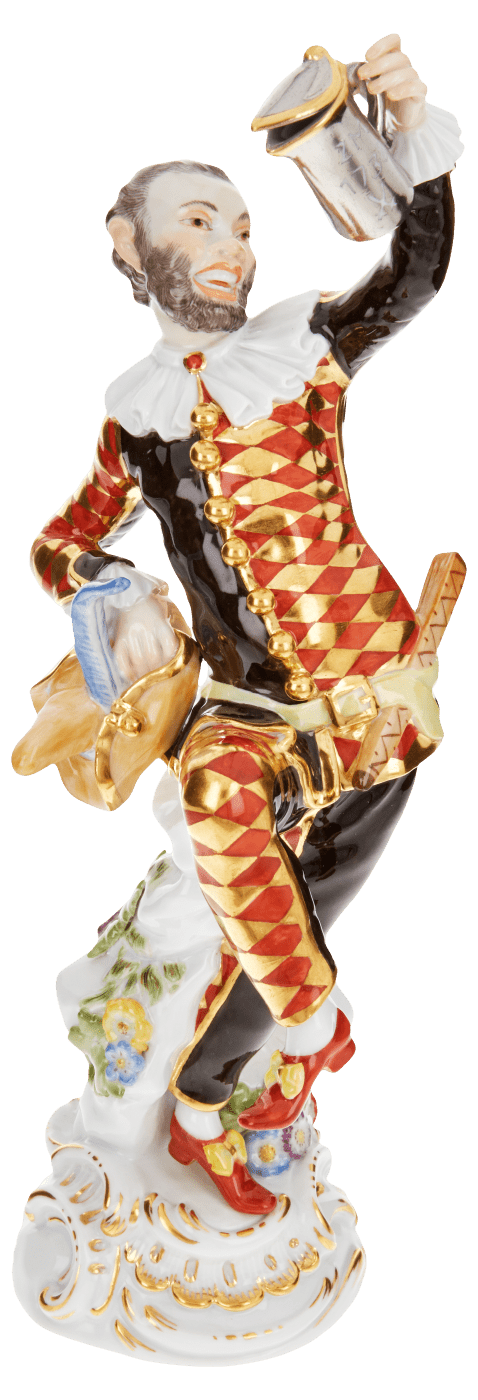 Harlekin mit Deckelkanne, Bunt und gold staffiert - | Meissen Figuren - Edition Italienische Komödie 900300 - 64551 - Meissen Weimar