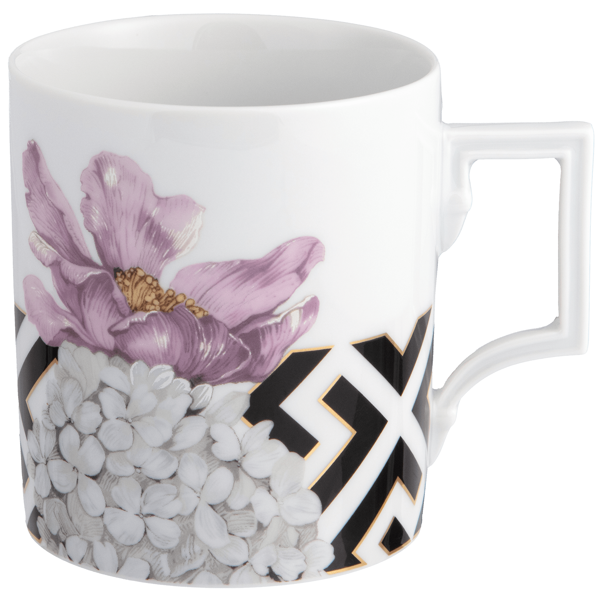 Henkelbecher, "Royal Flower" Schneeballblüte mit schwarzem Mäandermuster, 0,25l | The Meissen Mug Collection - Berlin 79A452 - 55810 - Meissen Weimar