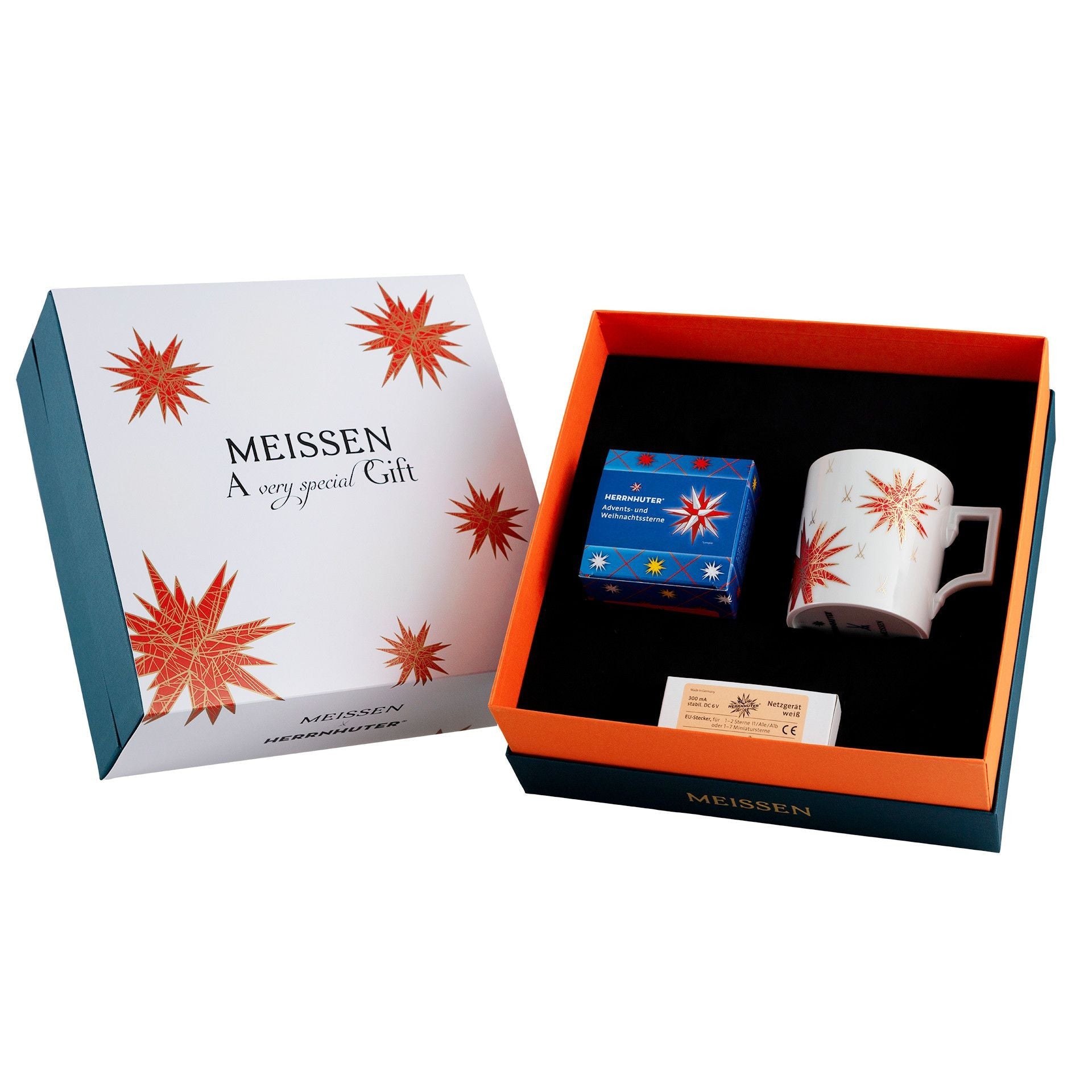 Herrnhuter® - Set, 2 - tlg., Miniaturstern rot, inkl. Netzgerät, Henkelbecher MUG Form "Berlin", Miniaturstern rot | Meissen - Set Kollektion 79B370 - 55N01 - Meissen Weimar