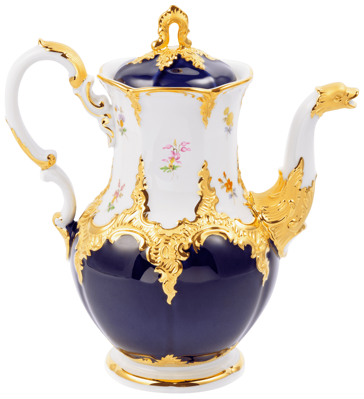 Kaffeekanne, gro ß, gestreute Blümchen, königsblau glasiert, Goldbronze, V 1,5 l | Meissen B - Form 011079 - 15695 - Meissen Weimar
