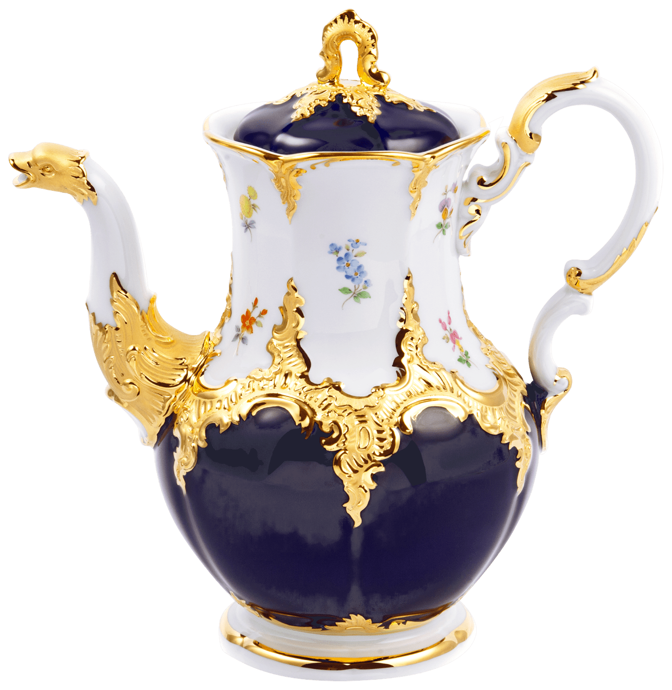 Kaffeekanne, gro ß, gestreute Blümchen, königsblau glasiert, Goldbronze, V 1,5 l | Meissen B - Form 011079 - 15695 - Meissen Weimar
