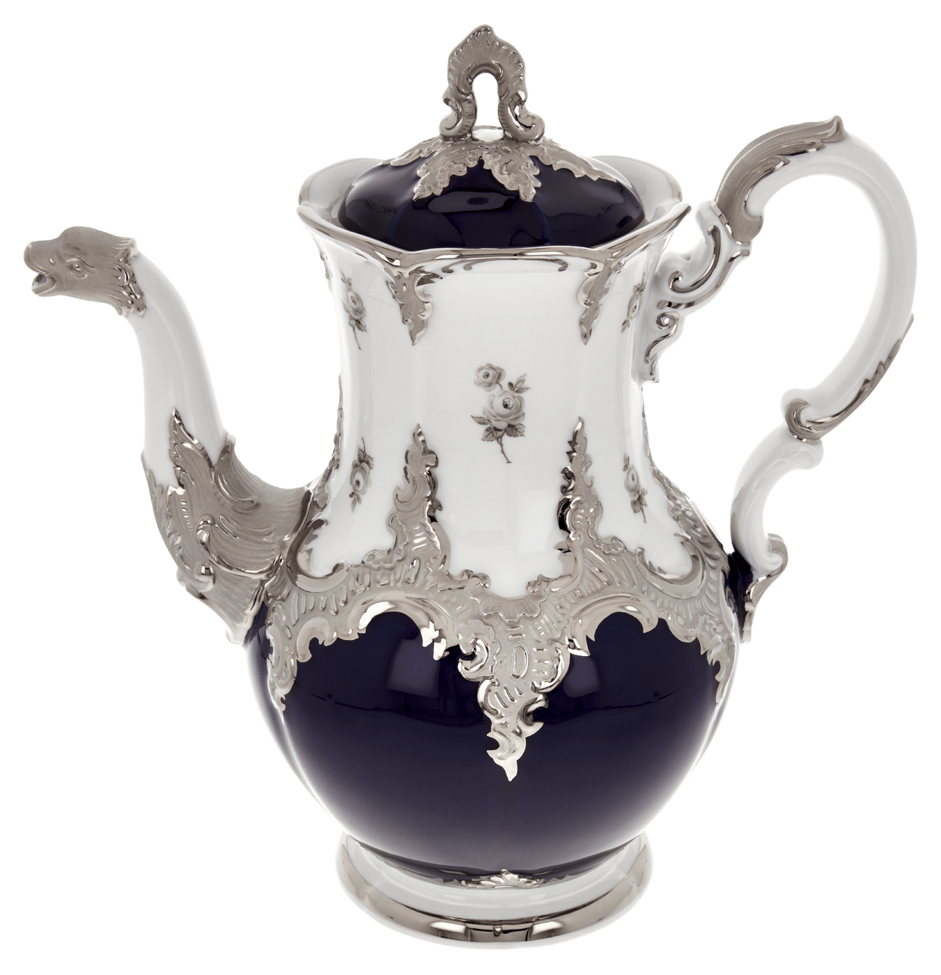 Kaffeekanne, groß, Gestreute Röschen, weiß - grau, königsblau, Glanzplatin, V 1,5 l | Meissen B - Form 018677 - 15695 - Meissen Weimar