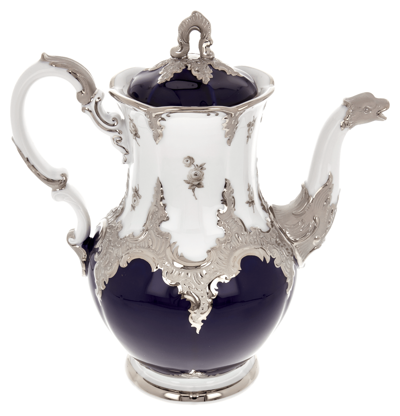 Kaffeekanne, groß, Gestreute Röschen, weiß - grau, königsblau, Glanzplatin, V 1,5 l | Meissen B - Form 018677 - 15695 - Meissen Weimar