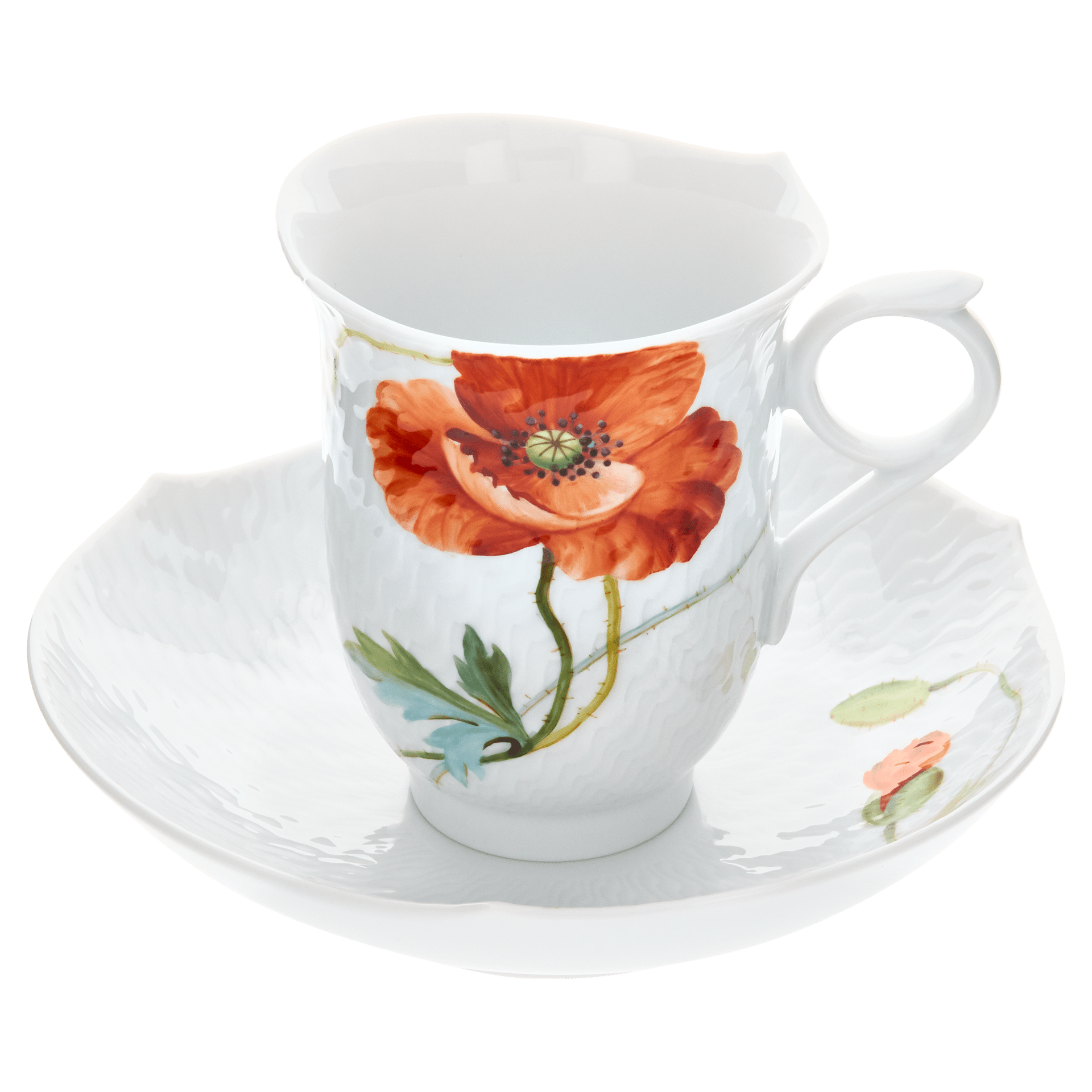 Kaffeetasse, Blumenmalerei "Wilder Mohn", rot, weißer Rand, 0,15 l | Meissen Wellenspiel Relief 615201 - 29582 - Meissen Weimar