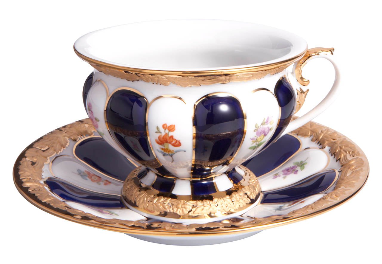 Kaffeetasse, gestreute Blümchen, königsblau glasiert, Goldbronze, V 0,16 l | Meissen X - Form 011079 - 17582 - Meissen Weimar