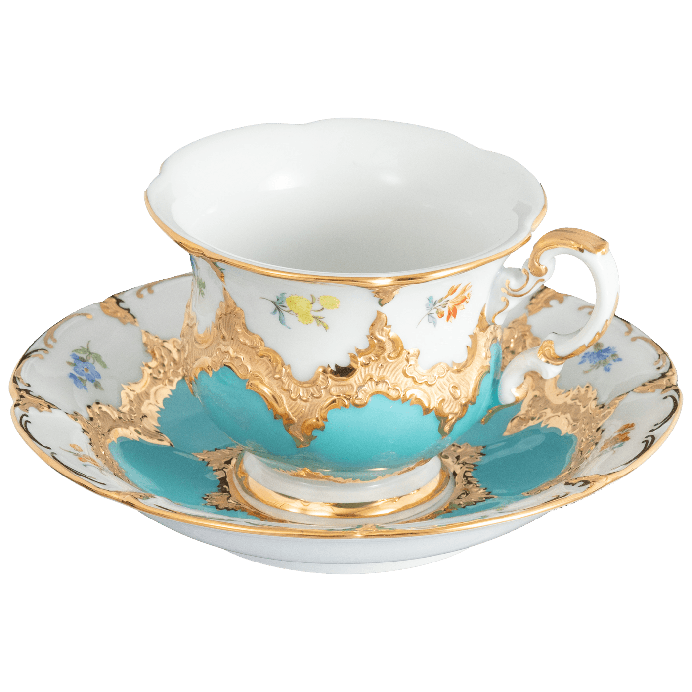 Kaffeetasse, Gestreute Blümchen, türkis glasiert, Goldbronze, V 0,16 l | Meissen B - Form 017179 - 15582 - Meissen Weimar