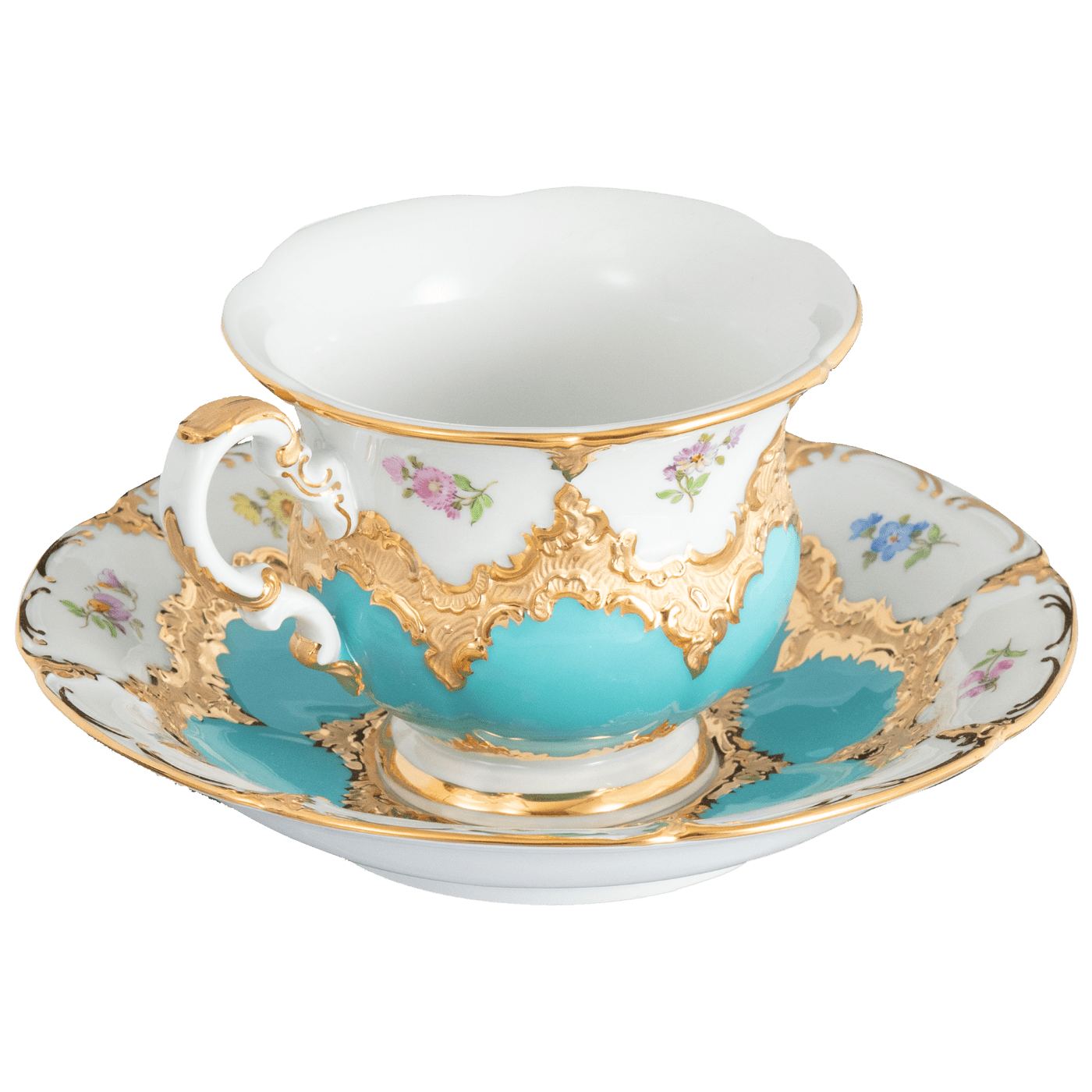 Kaffeetasse, Gestreute Blümchen, türkis glasiert, Goldbronze, V 0,16 l | Meissen B - Form 017179 - 15582 - Meissen Weimar