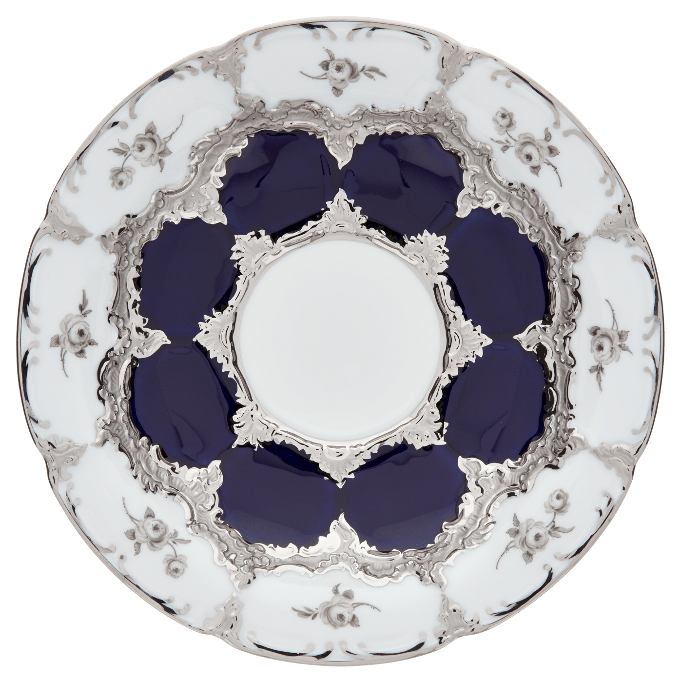 Kaffeetasse, Gestreute Röschen, weiß - grau, königsblau, Glanzplatin, V 0,16 l | Meissen B - Form 018677 - 15582 - Meissen Weimar