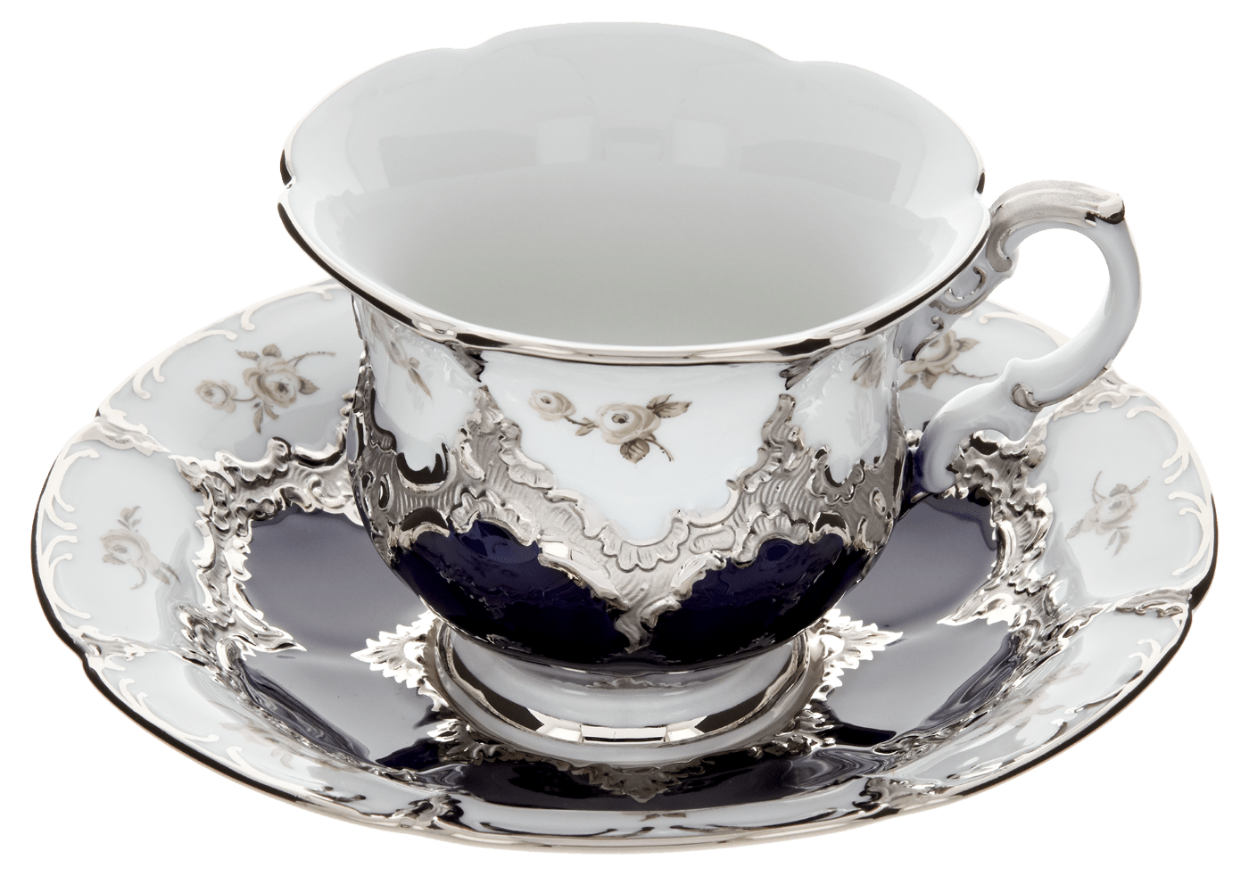 Kaffeetasse, Gestreute Röschen, weiß - grau, königsblau, Glanzplatin, V 0,16 l | Meissen B - Form 018677 - 15582 - Meissen Weimar