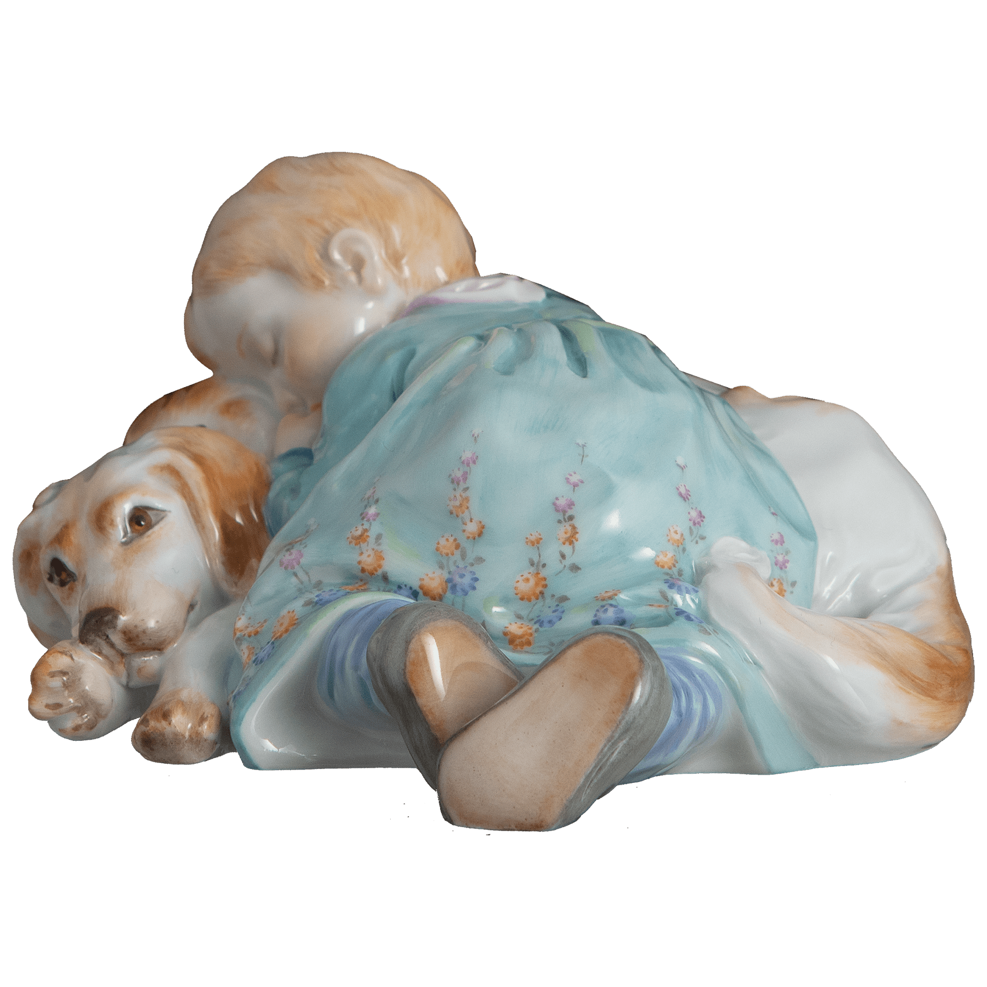Kind auf Hund liegend, Bunt staffiert mit Blumenkante, L 11 cm | Meissen Miniatur - Hentschelkinder 90A424 - 73754 - Meissen Weimar