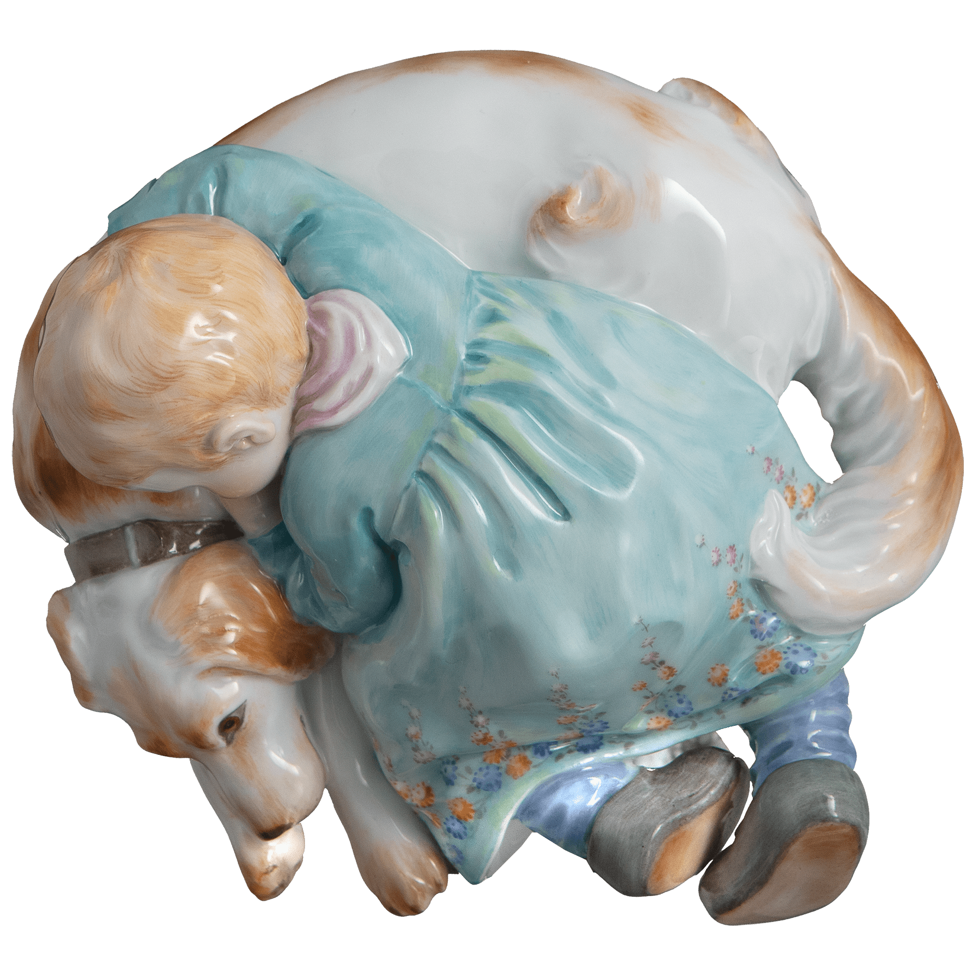 Kind auf Hund liegend, Bunt staffiert mit Blumenkante, L 11 cm | Meissen Miniatur - Hentschelkinder 90A424 - 73754 - Meissen Weimar
