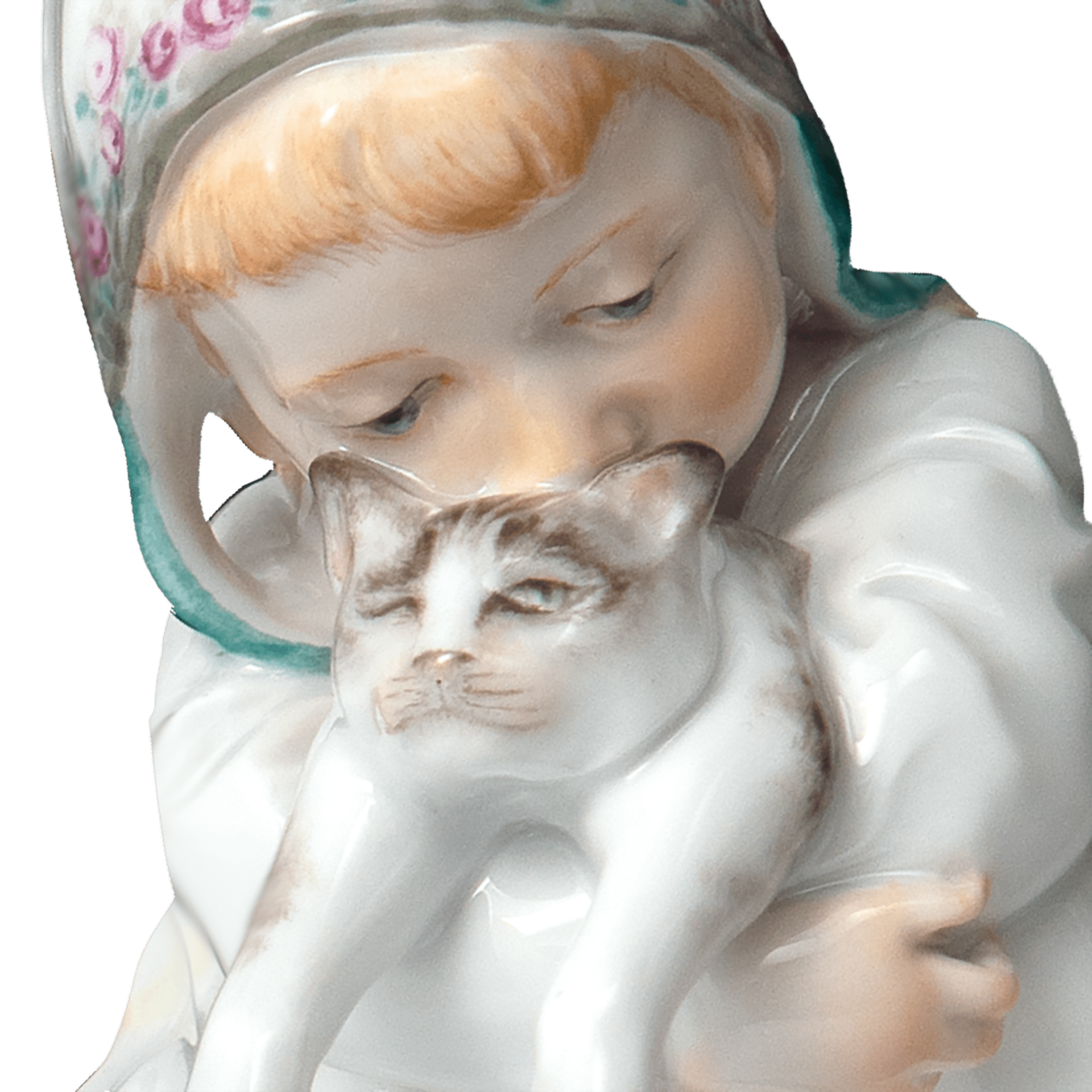 Kind mit Katze, Bunt staffiert, Kappe mit Rosen, H 9,5 cm | Meissen Miniatur - Hentschelkinder 90A422 - 73752 - Meissen Weimar