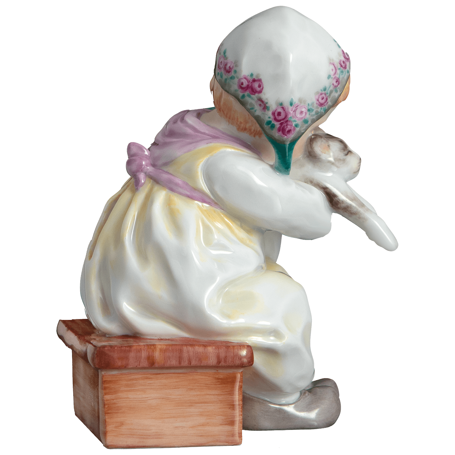 Kind mit Katze, Bunt staffiert, Kappe mit Rosen, H 9,5 cm | Meissen Miniatur - Hentschelkinder 90A422 - 73752 - Meissen Weimar