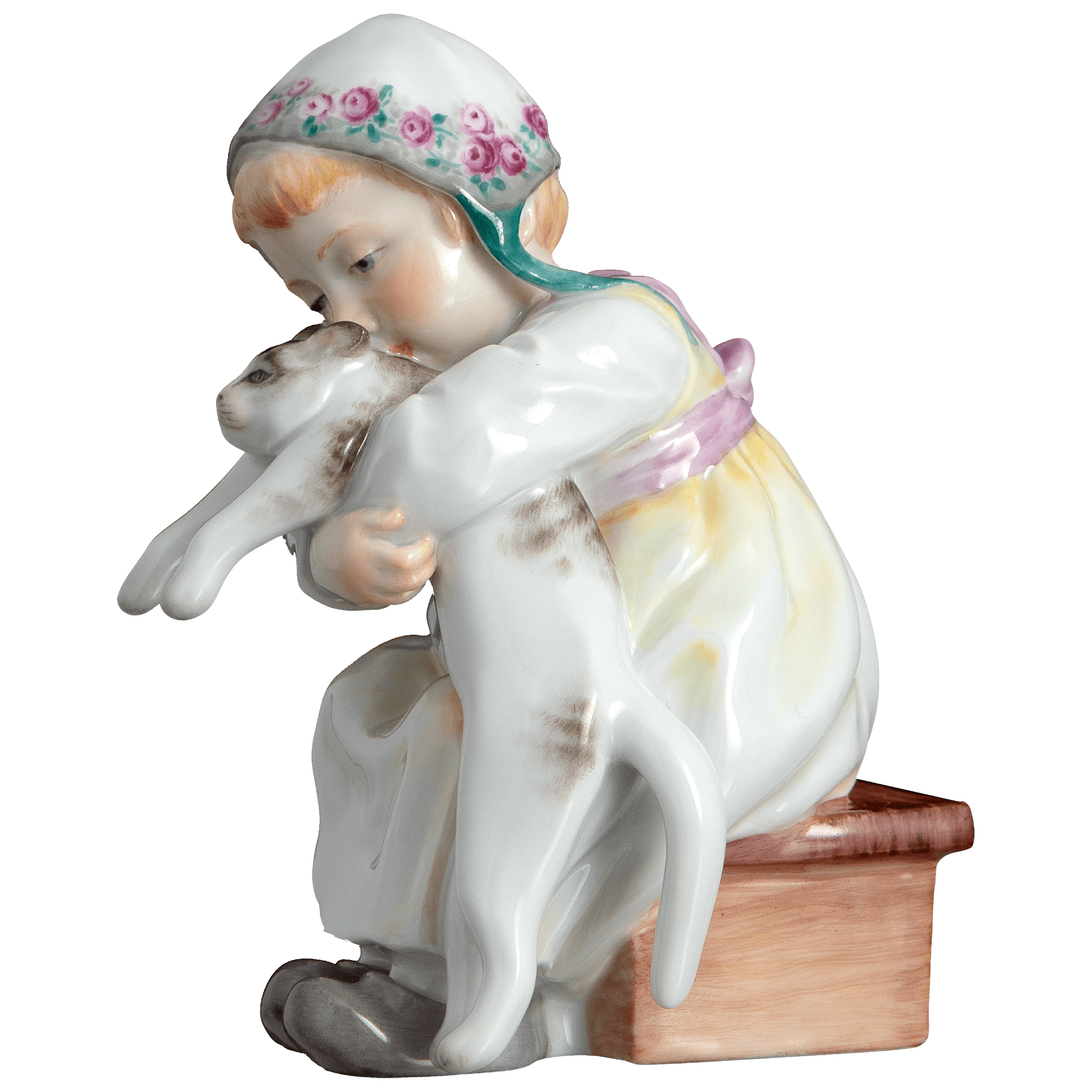 Kind mit Katze, Bunt staffiert, Kappe mit Rosen, H 9,5 cm | Meissen Miniatur - Hentschelkinder 90A422 - 73752 - Meissen Weimar