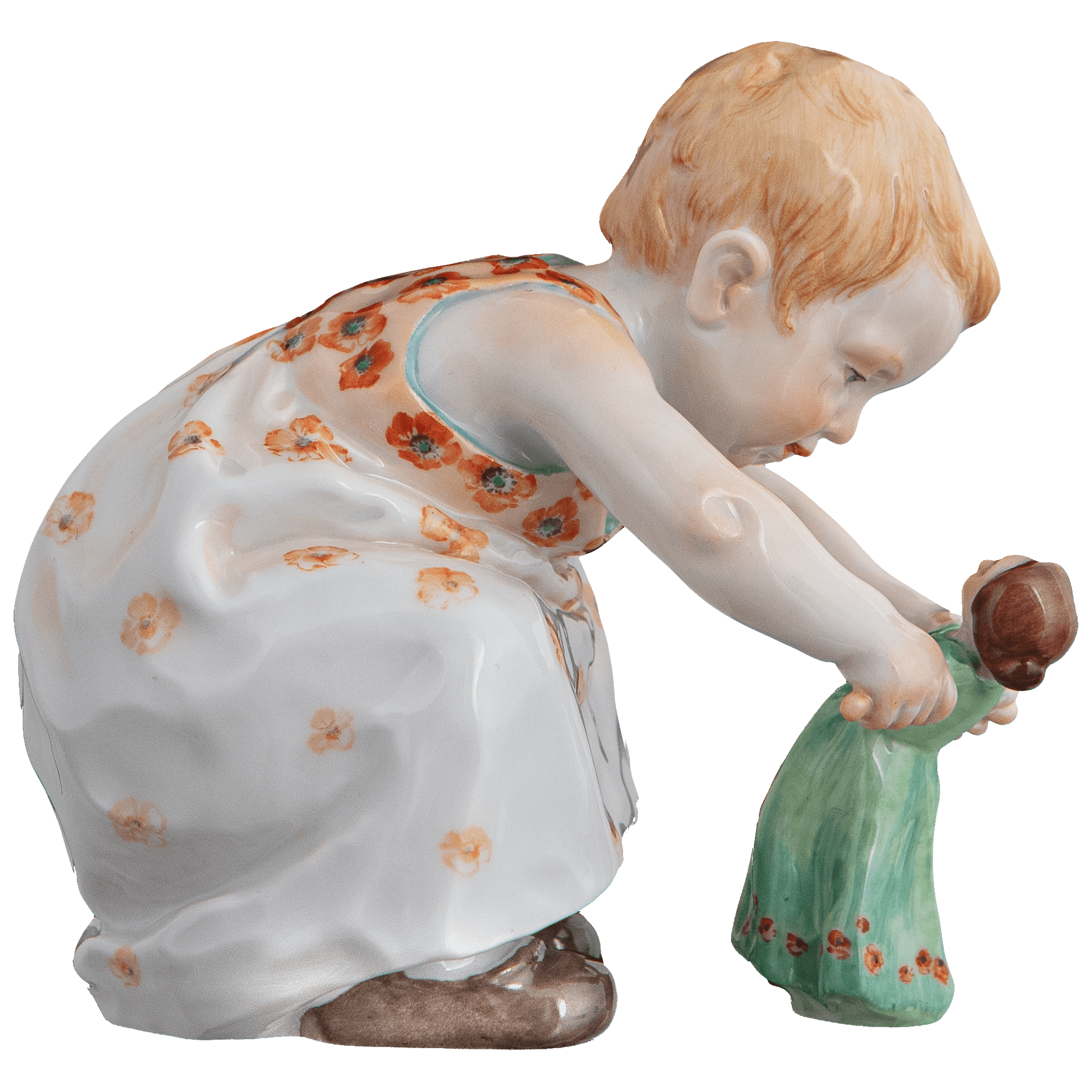 Kind mit Puppe, Bunt staffiert, Mohnblumen, H 8 cm | Meissen Miniatur - Hentschelkinder 90A423 - 73753 - Meissen Weimar