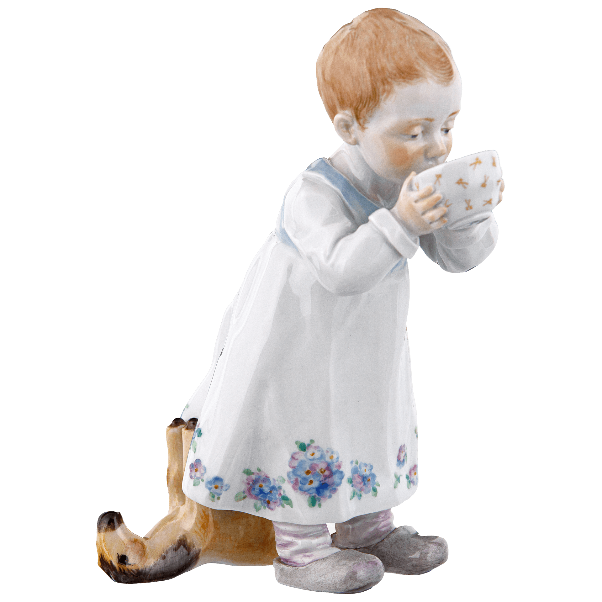 Kind mit Tasse, Kleid mit Vergißmeinnicht, Schwertertasse, H 12,5 cm | Meissen Miniatur - Hentschelkinder 90A402 - 73751 - Meissen Weimar